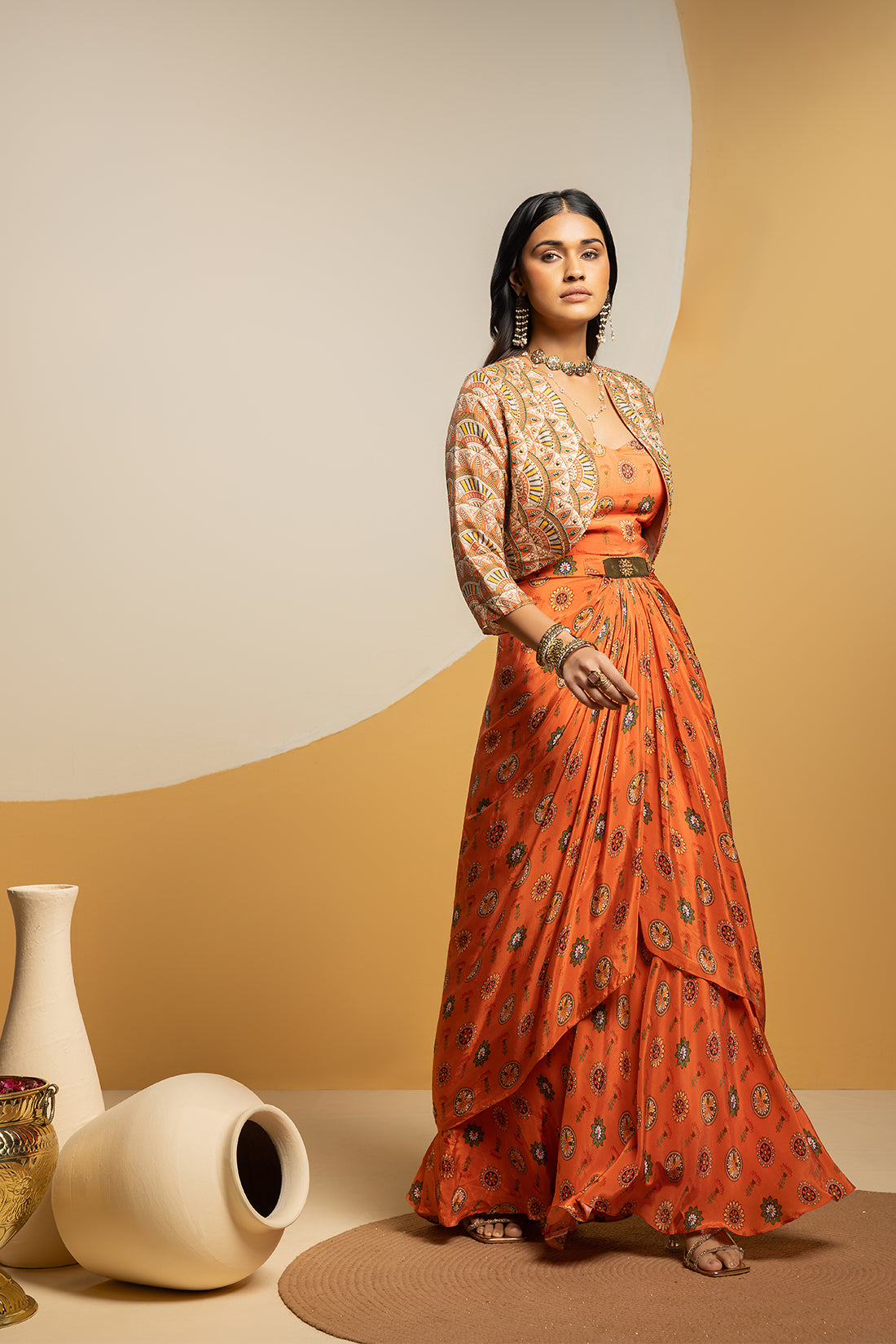 TAARANI RUST EMBELLISHED LONG DRAPE DRESS SET