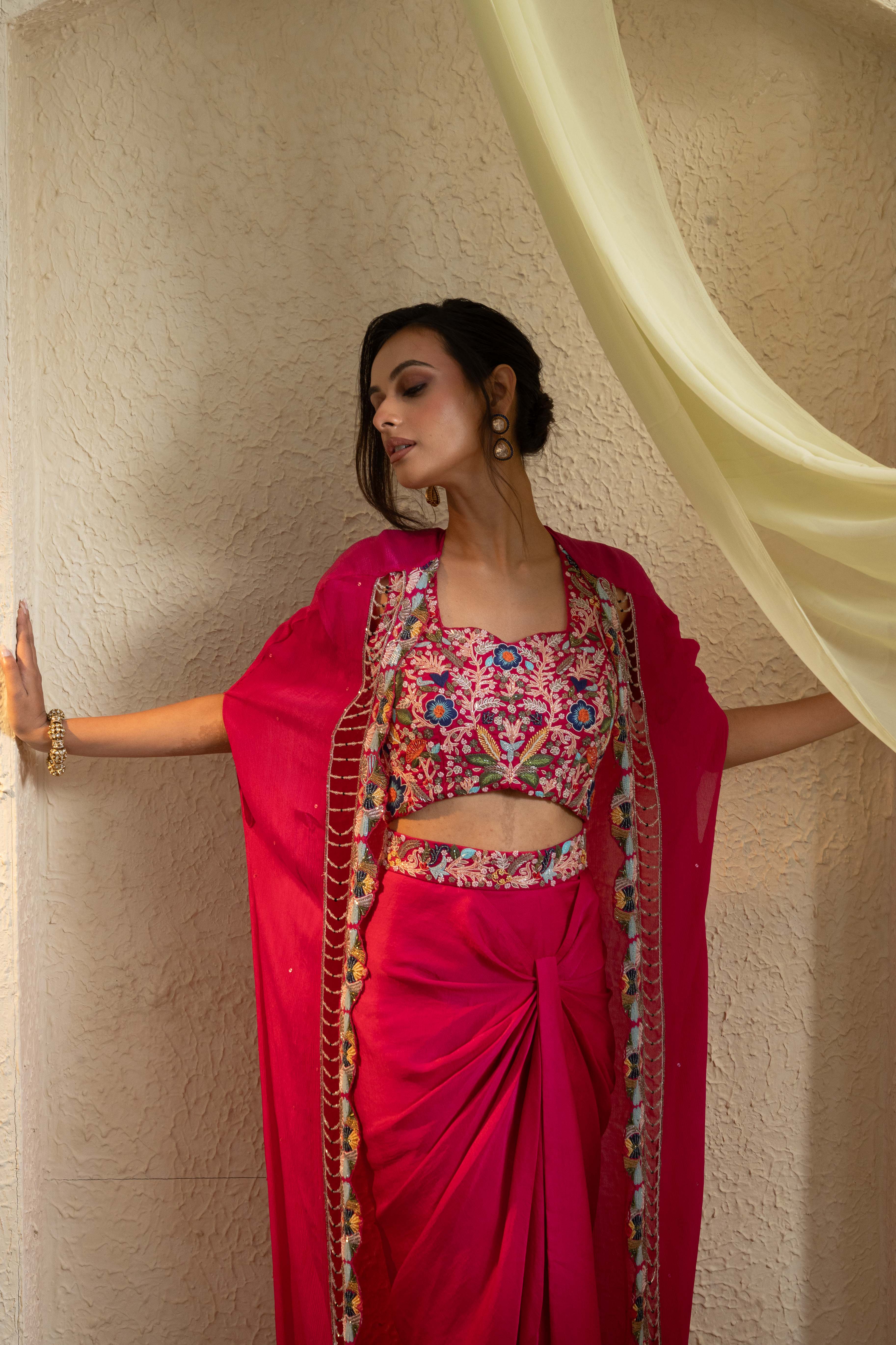 Fuchsia Bloom Embroidered Draped Skirt Set