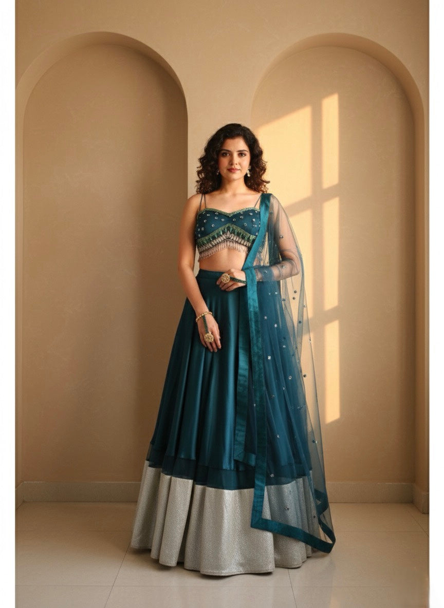 CLEARANCE SALE | MAHARANI TEAL LEHENGA SAREE SET