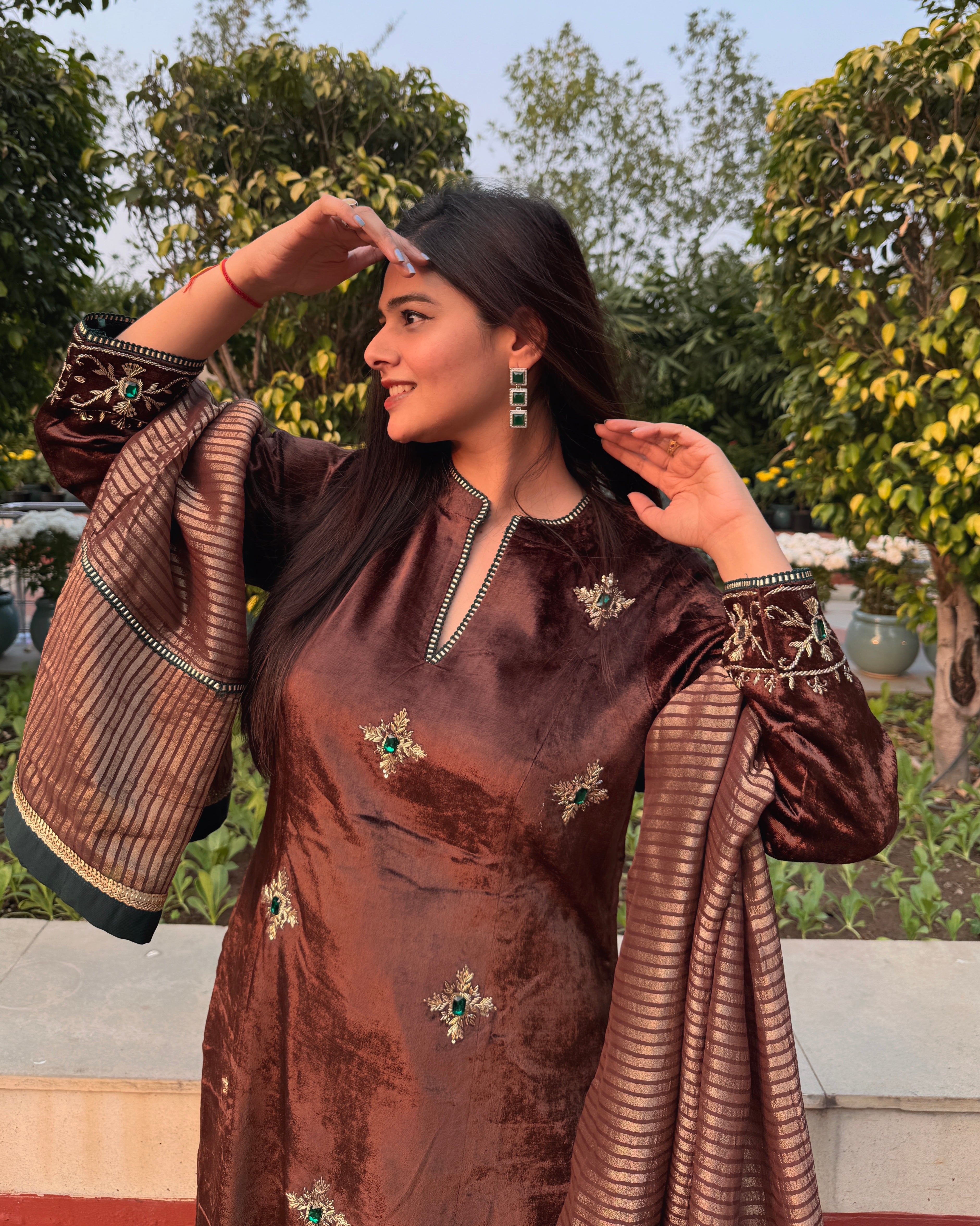 Mocha Hand Embroidered Velvet Straight Kurta Set