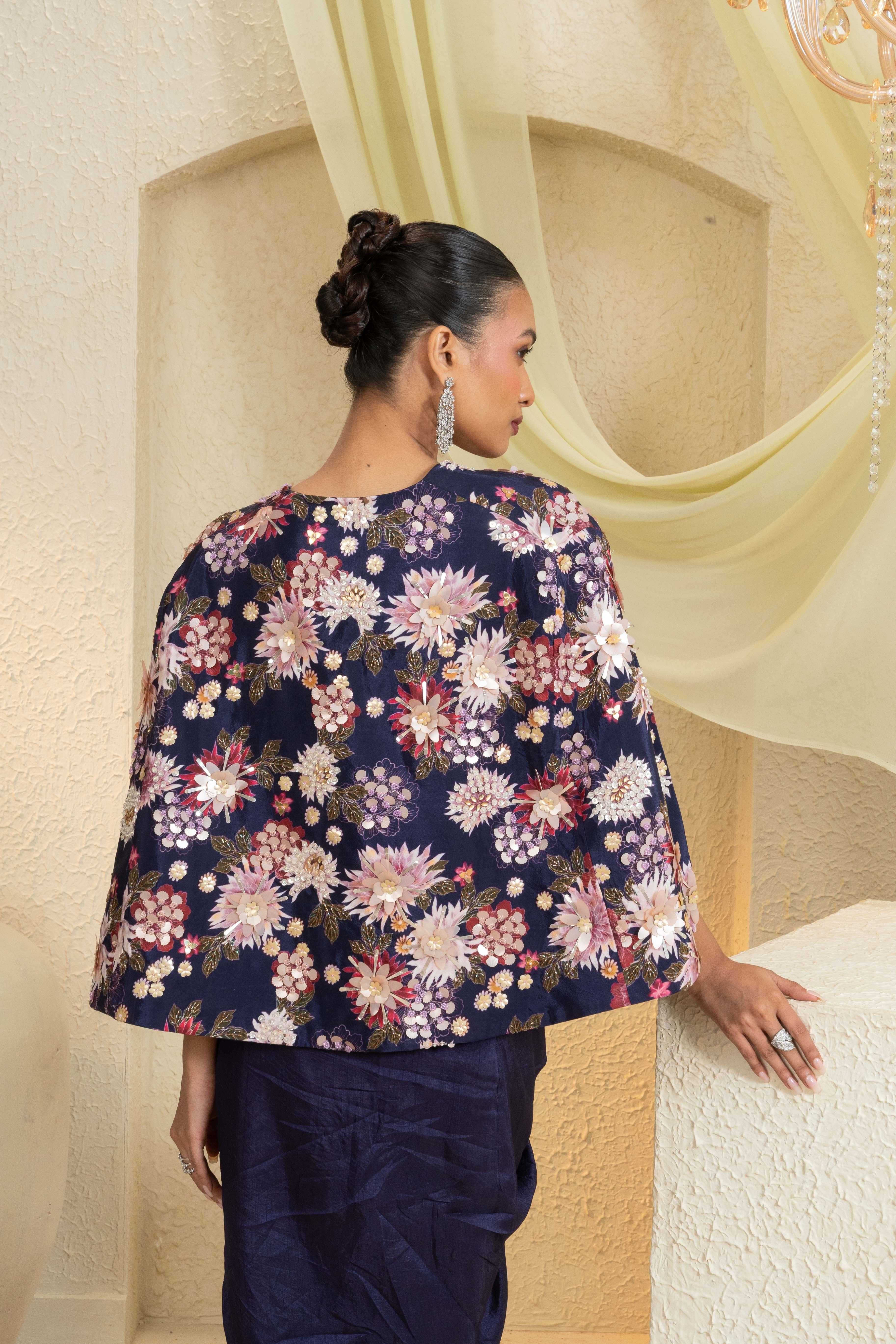 Twilight Bloom Hand-Embroidered Cape Set