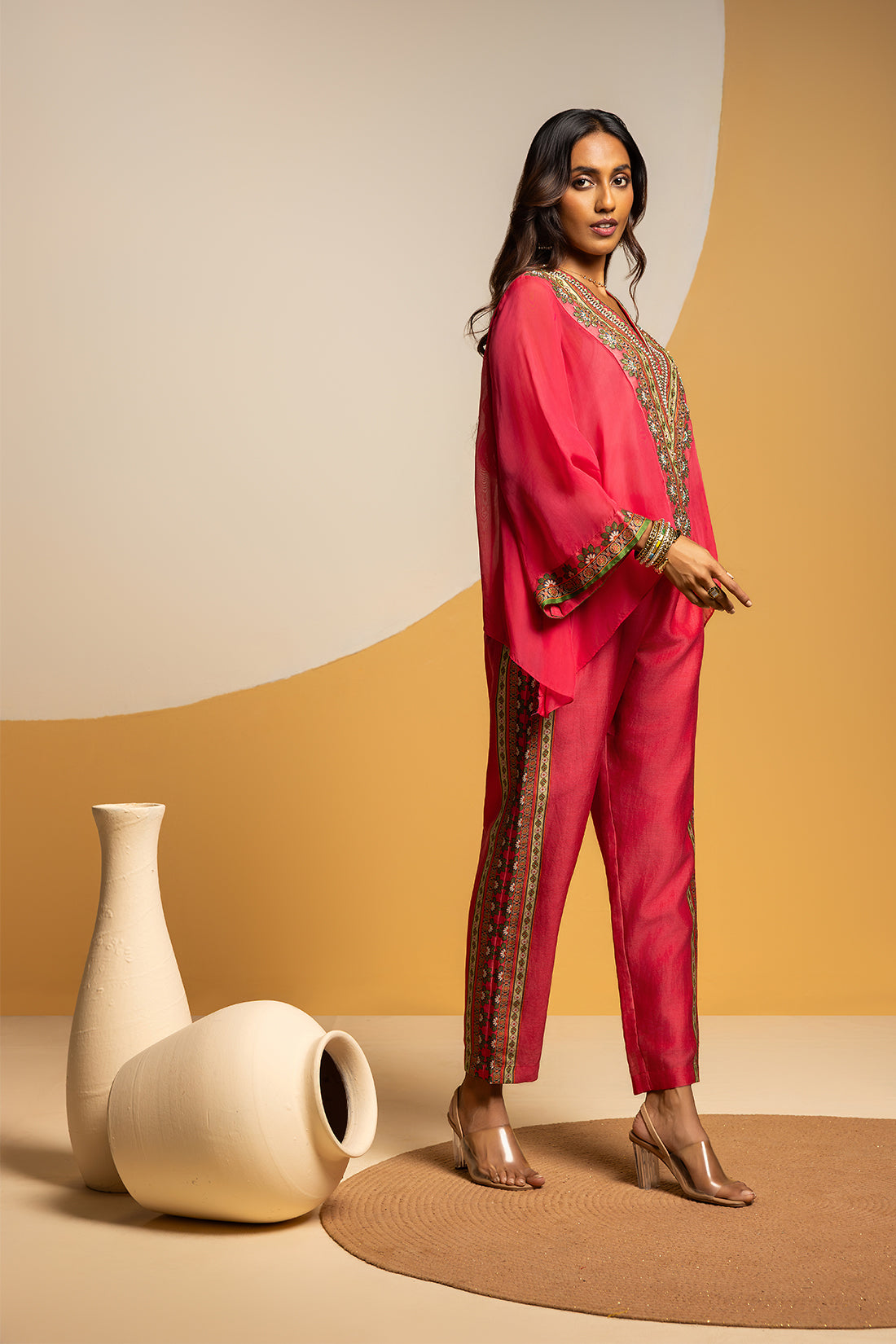 TAARANI PINK EMBELLISHED V NECK CO-ORD SET