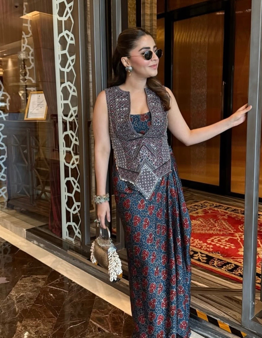Ajrakh Tie Up Top with Drape Skirt Set