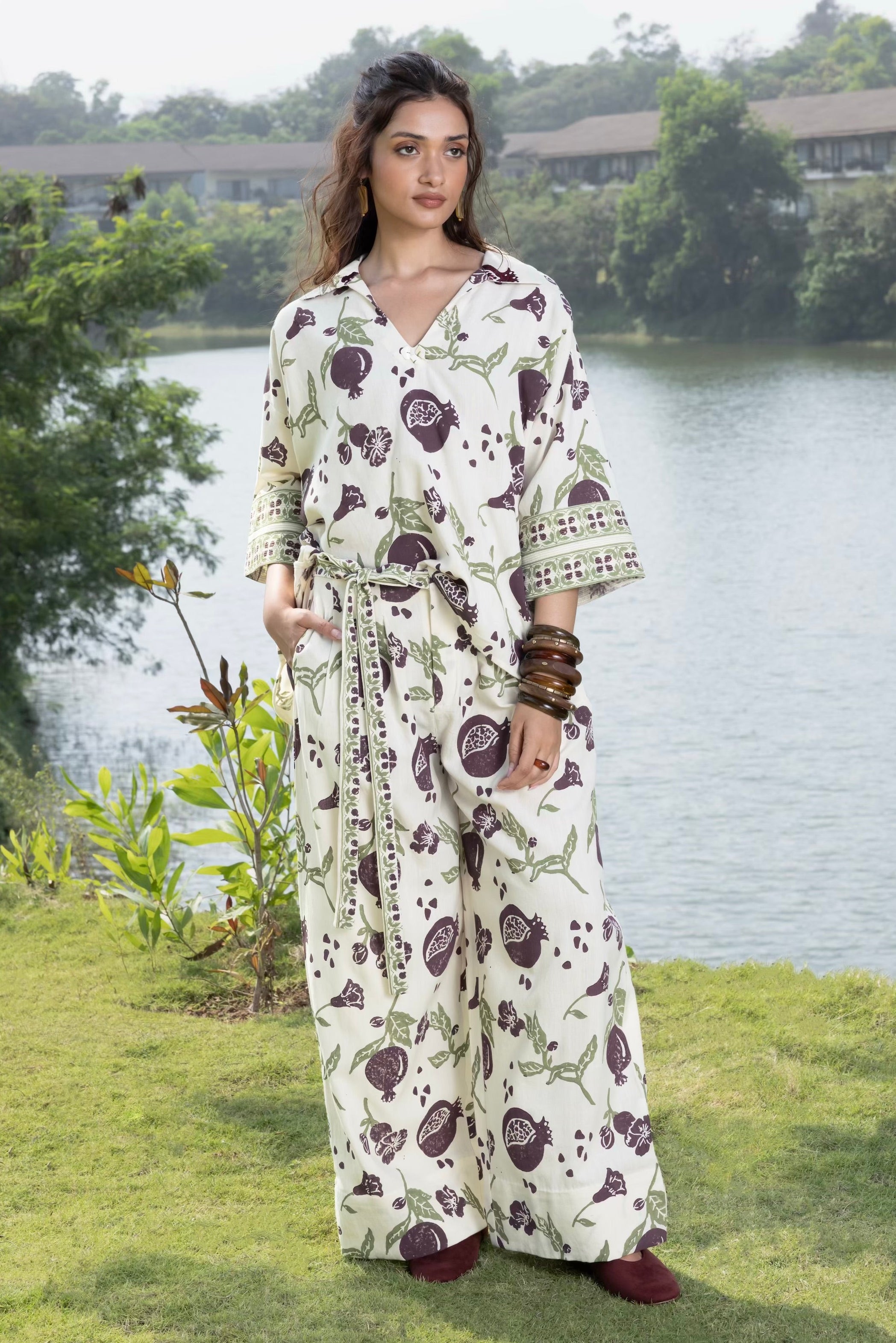 Boxy Oversized Top with Embroidered Collar & Sleeves and Pleated Wide-Leg Pants with Side Belt
