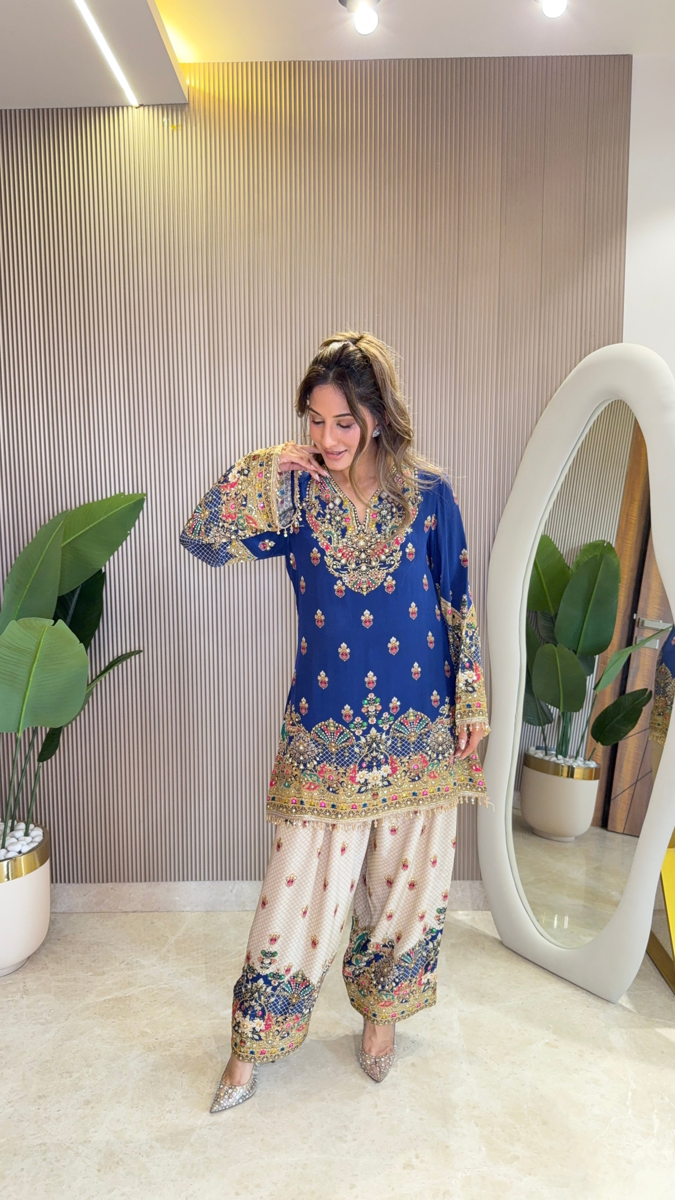 Rah Off White - Blue Kurti with Farshi Salwar & Dupatta