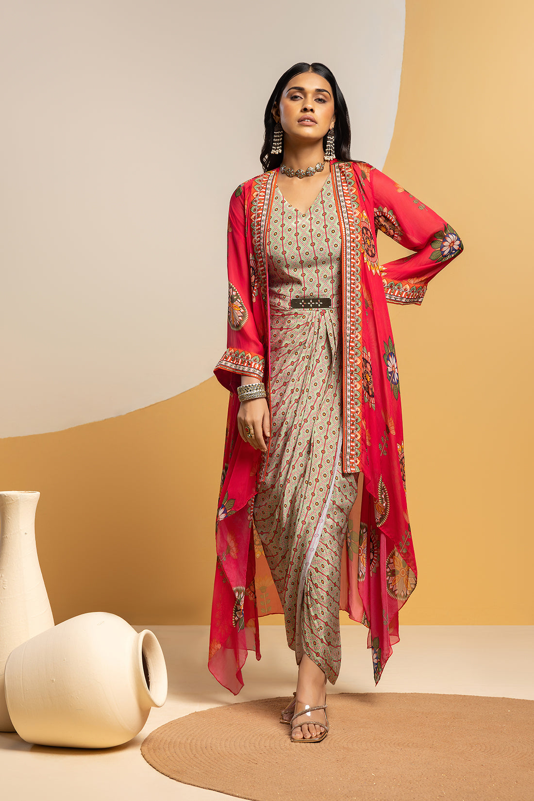 TAARANI PINK EMBELLISHED DRAPE DRESS SET