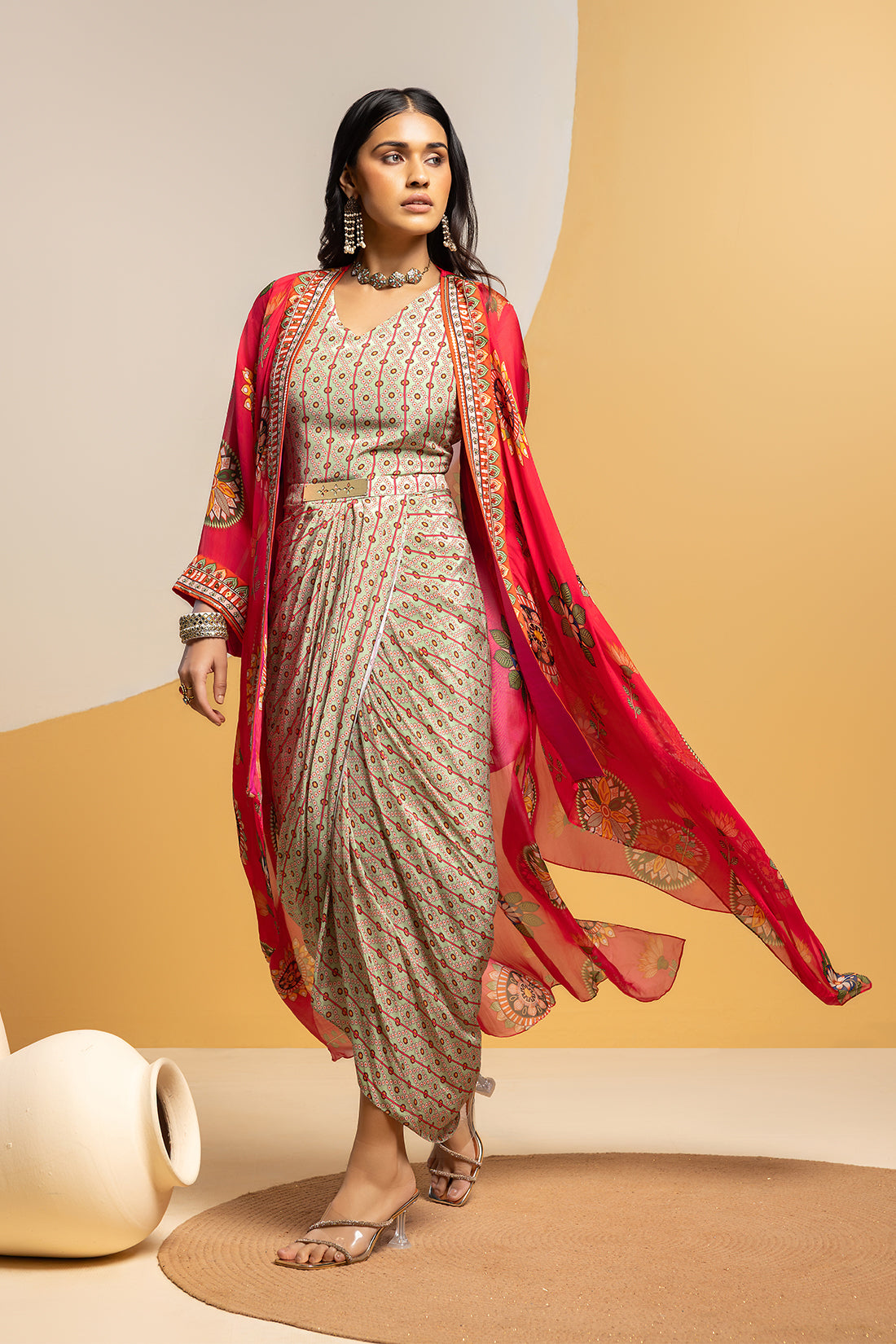 TAARANI PINK EMBELLISHED DRAPE DRESS SET