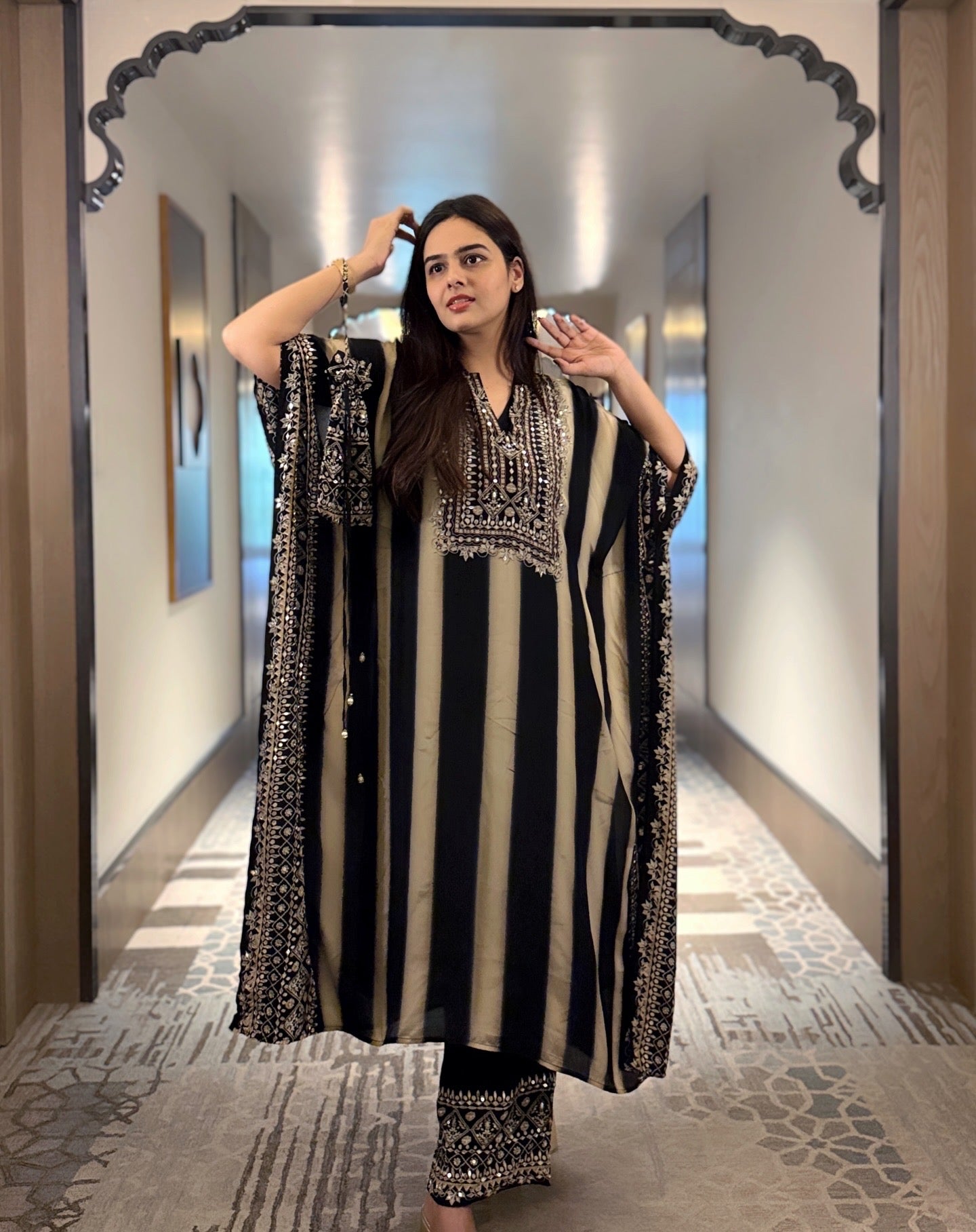 Aanchal Jain in Salma Sitara Black & Beige  Kaftan Set