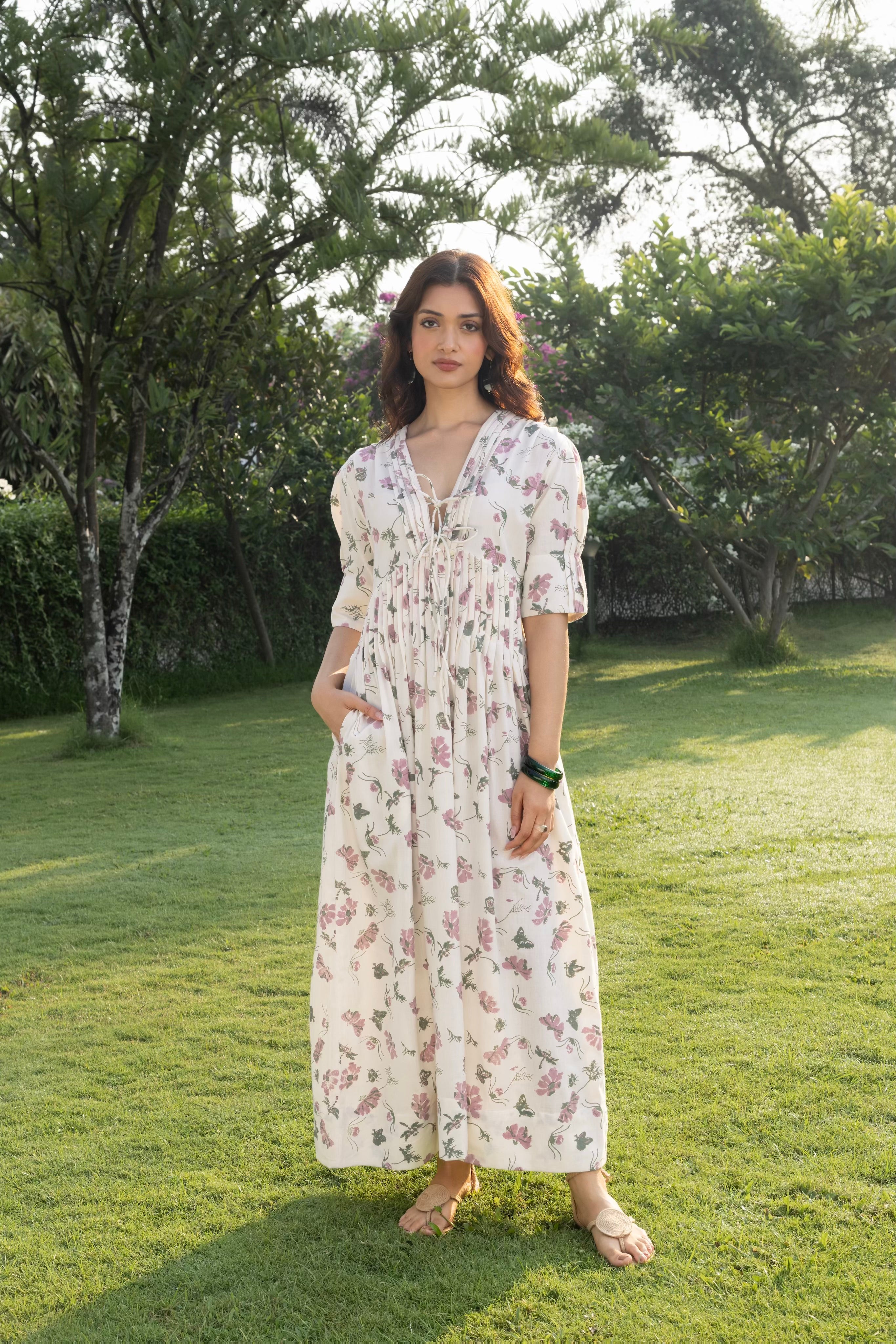 V-Neck Pleated Maxi Dress with Embroidery
