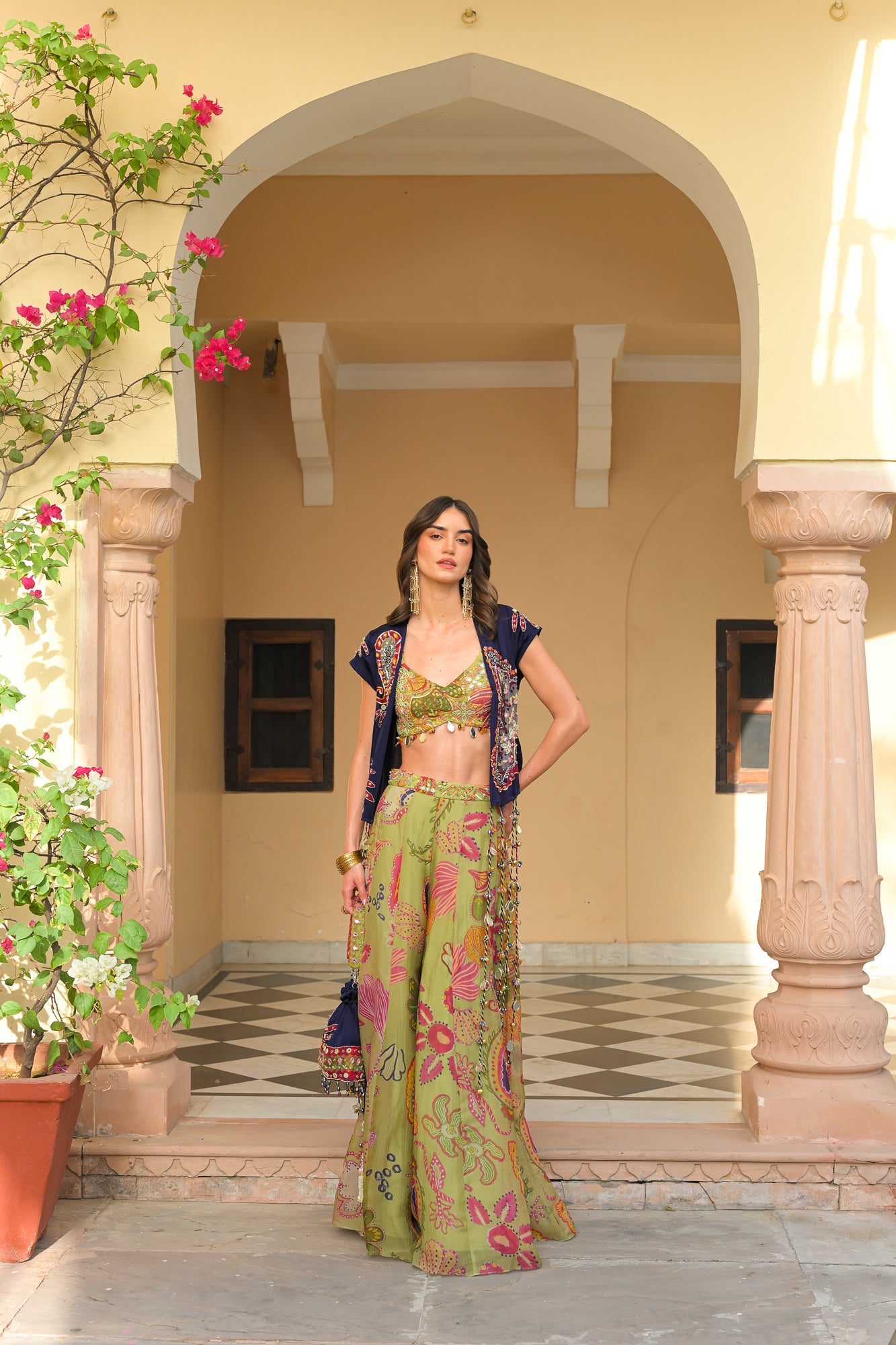 Olive Bloom Pant Bralette Tassel Jacket Set