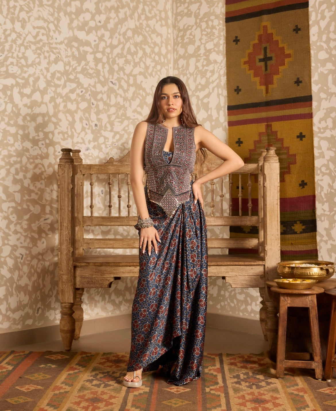 Ajrakh Tie Up Top with Drape Skirt Set