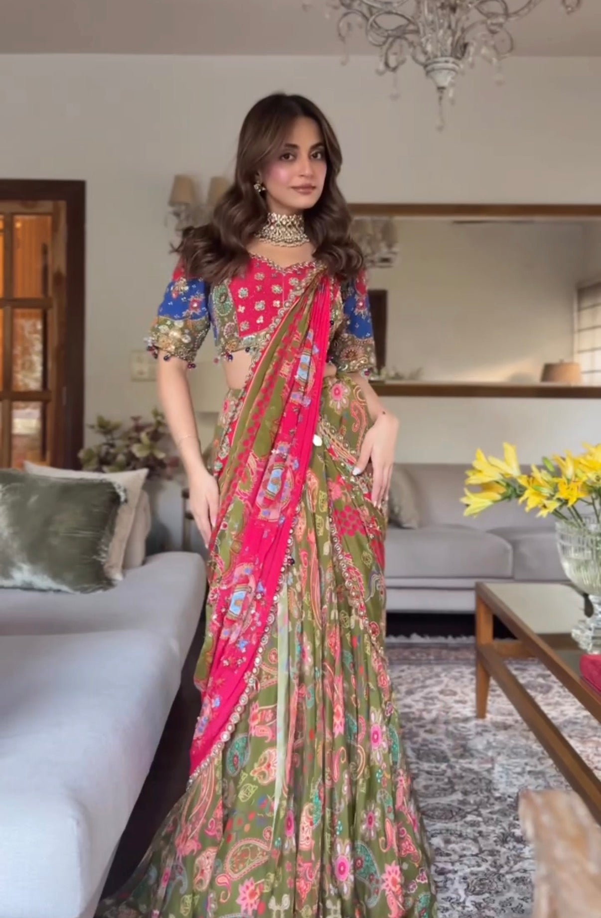 Olive Dual Prestitched Saree Paired with Patch Blouse