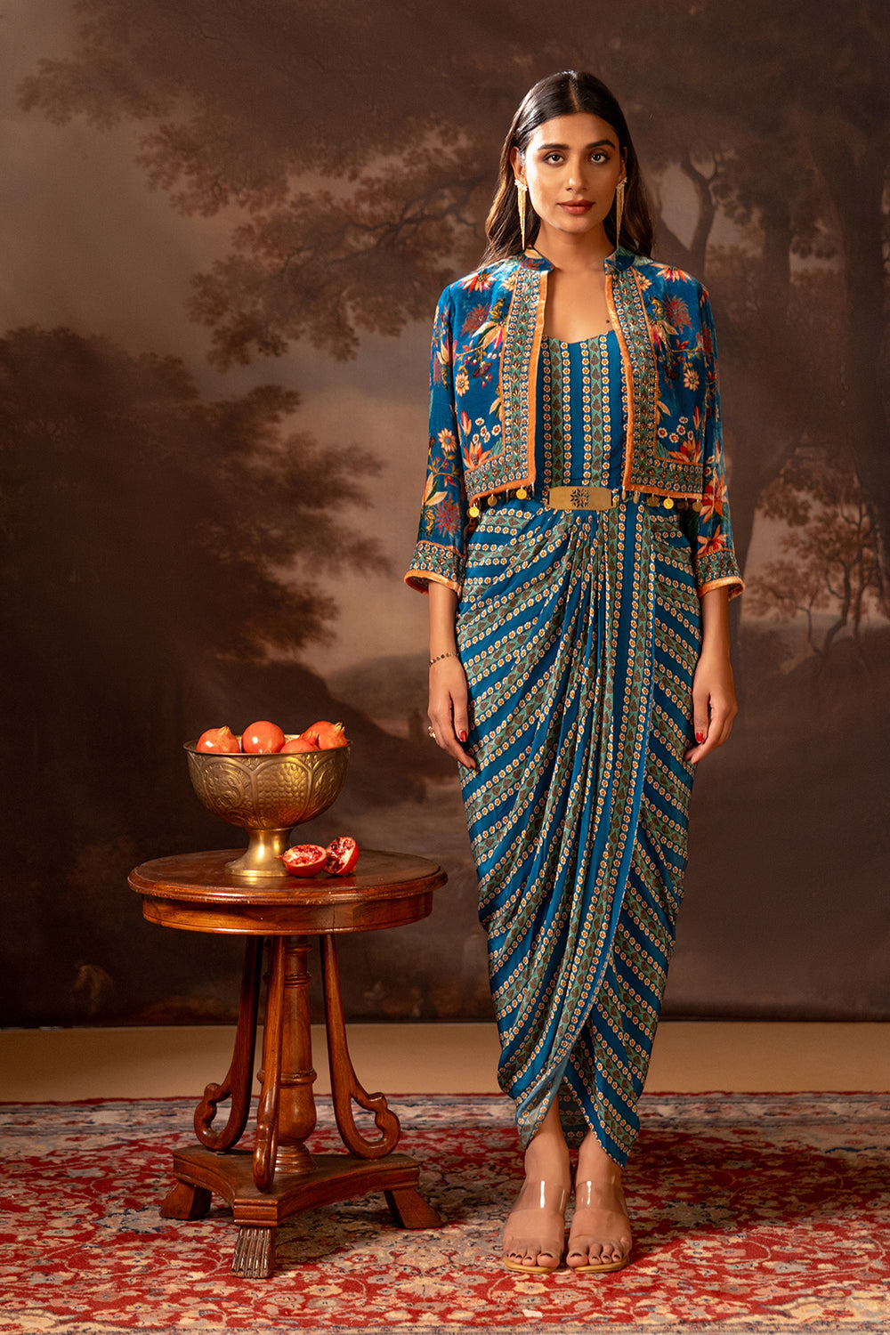 AARANI BLUE EMBELLISHED DRAPE DRESS SET