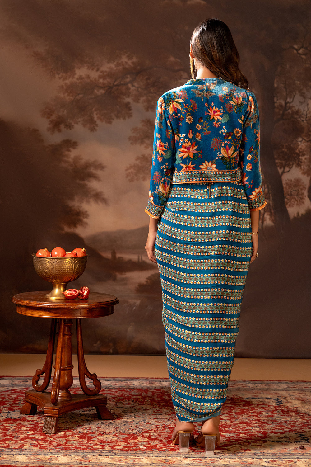 AARANI BLUE EMBELLISHED DRAPE DRESS SET