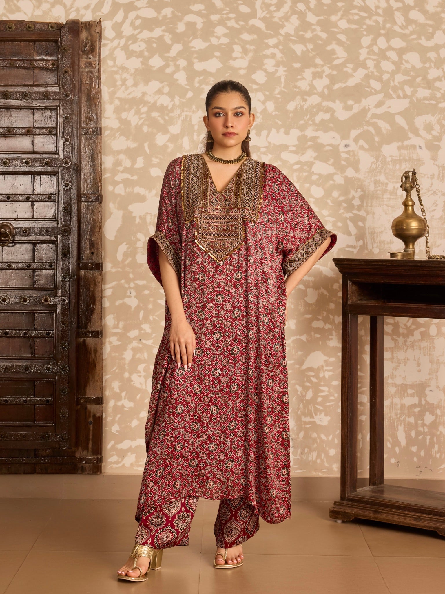 Ajrakh Red Long Kaftan Kurta set