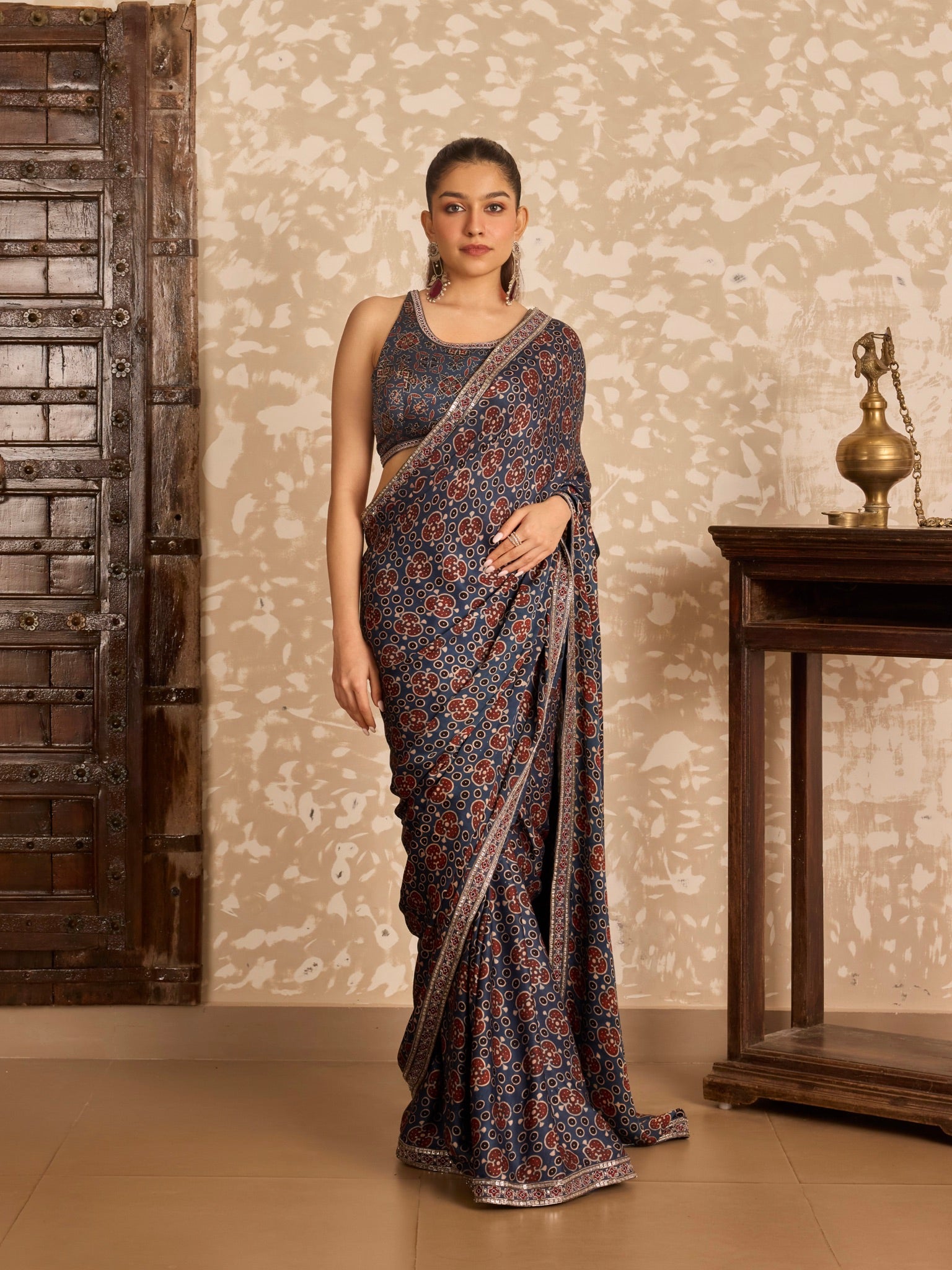 Ajrakh Round neck blouse with saree