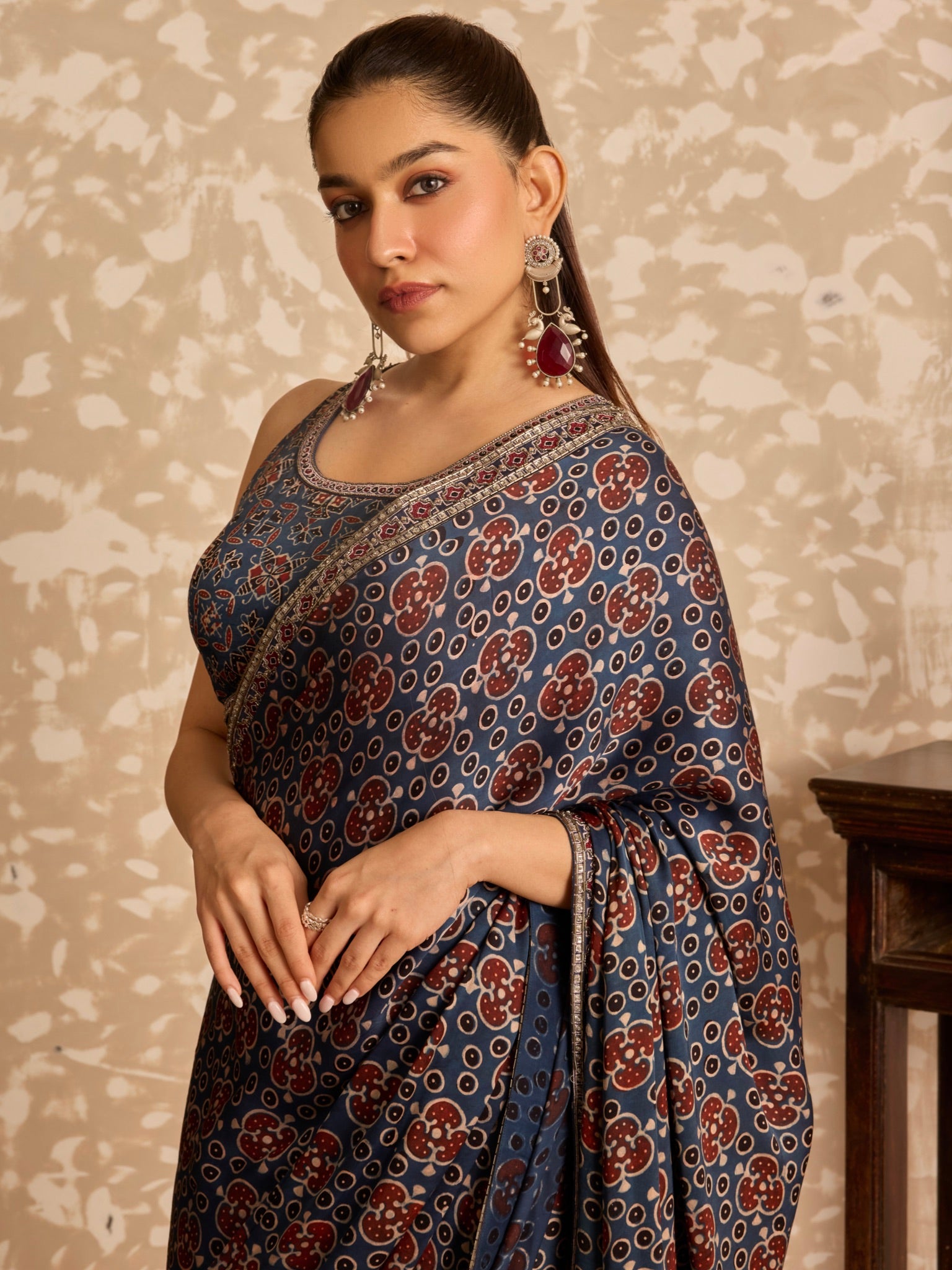 Ajrakh Round neck blouse with saree