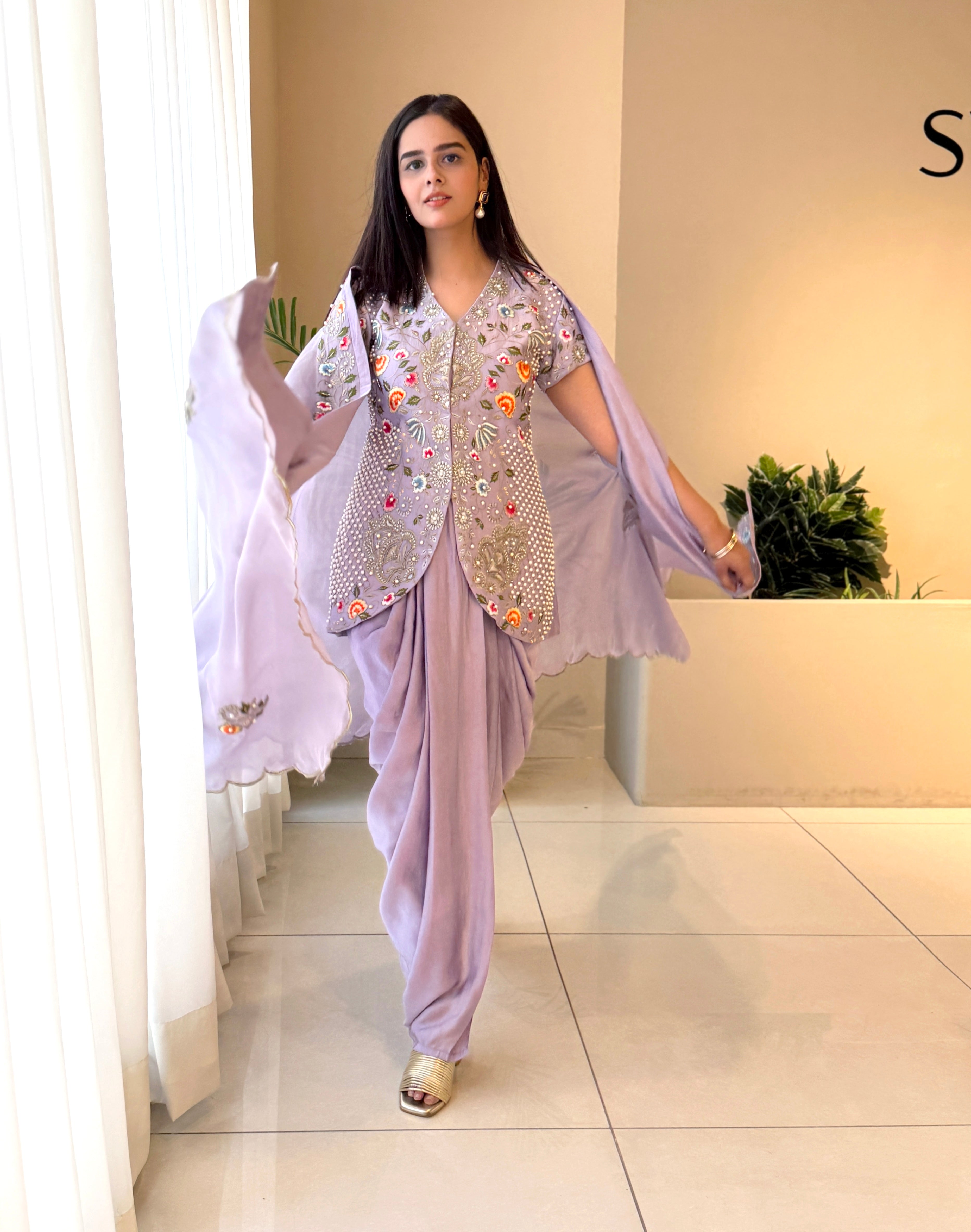Lavender Embroidered Short Top & Dhoti Set with Cape