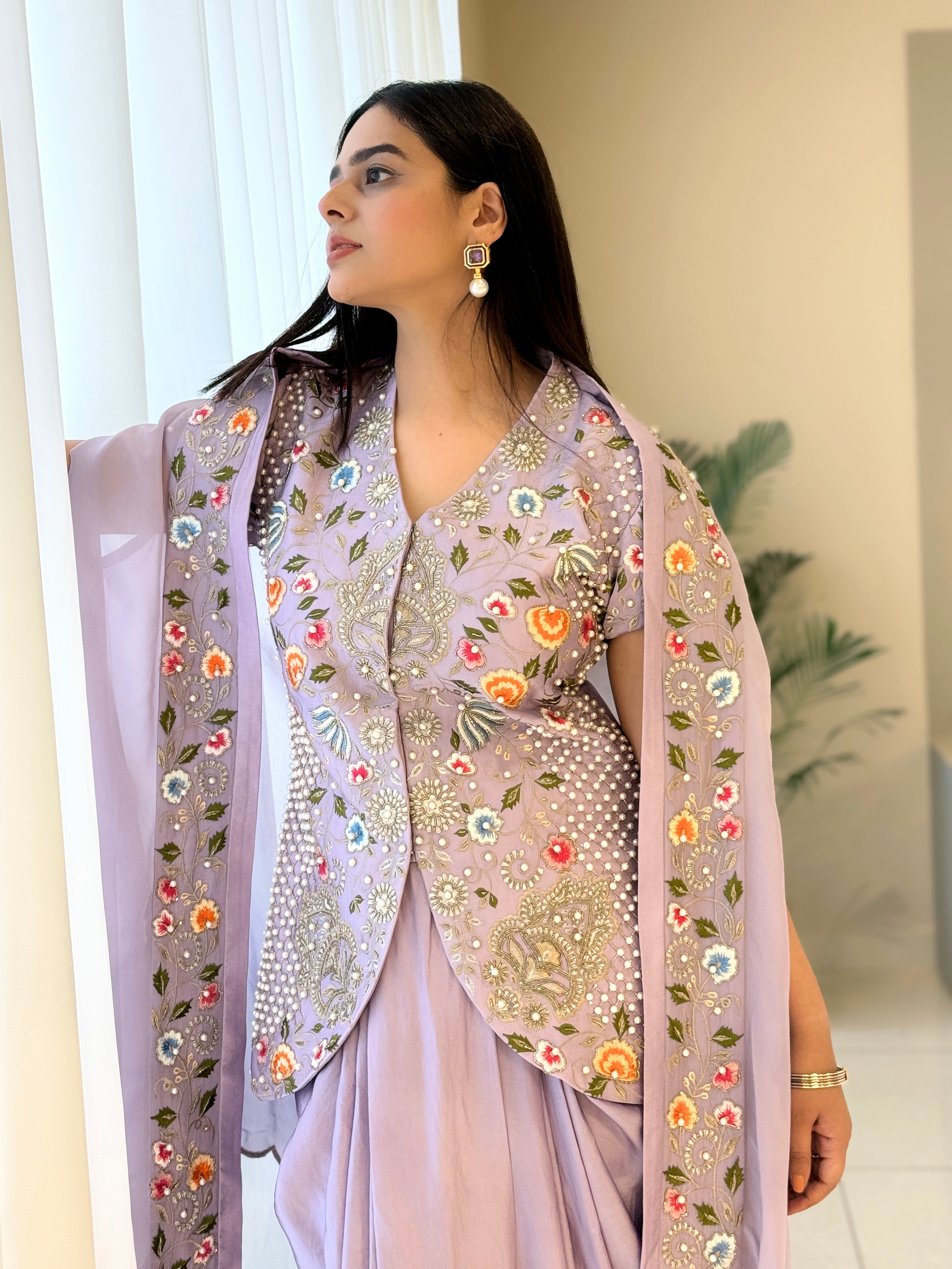 Lavender Embroidered Short Top & Dhoti Set with Cape