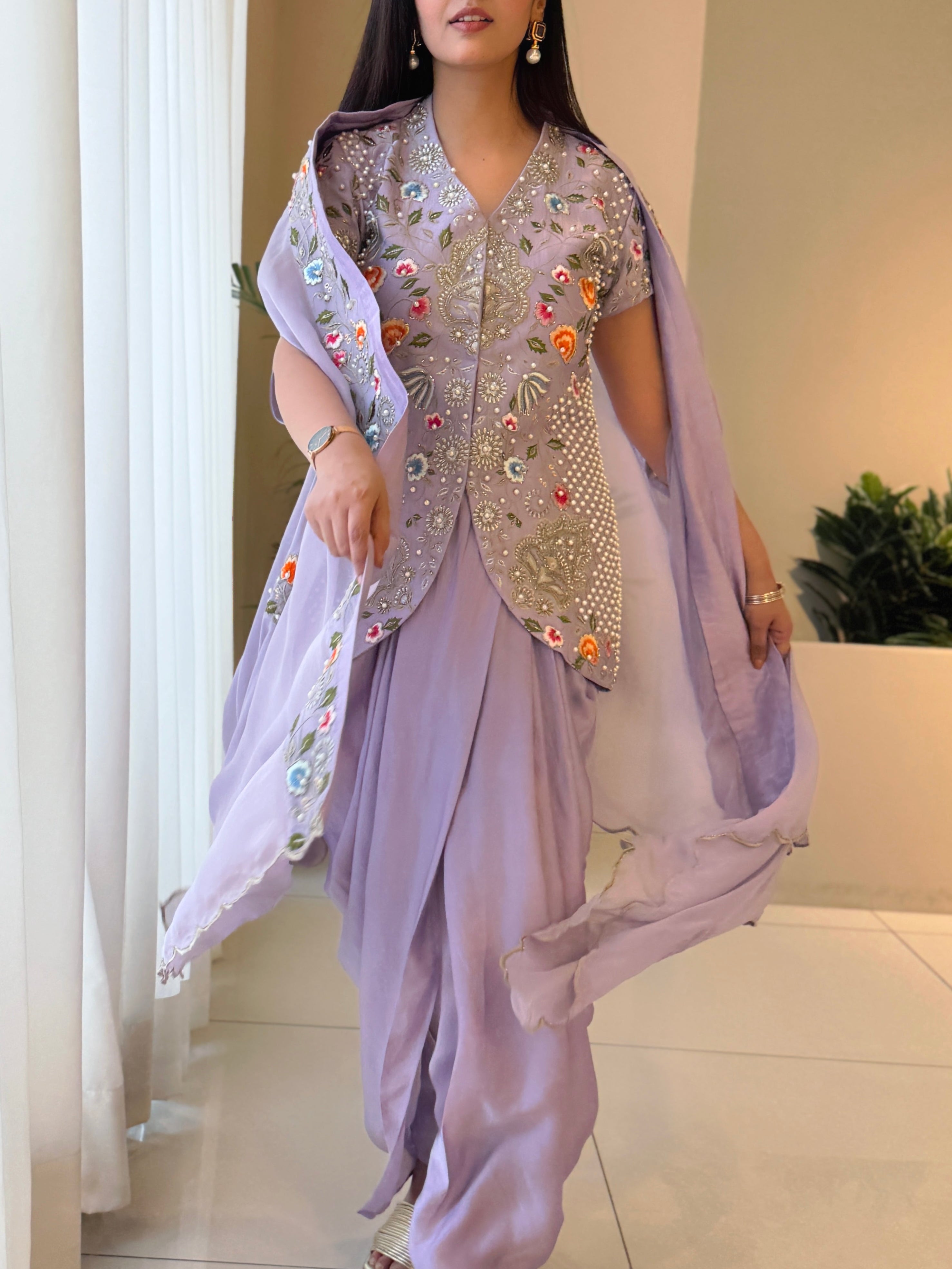 Lavender Embroidered Short Top & Dhoti Set with Cape