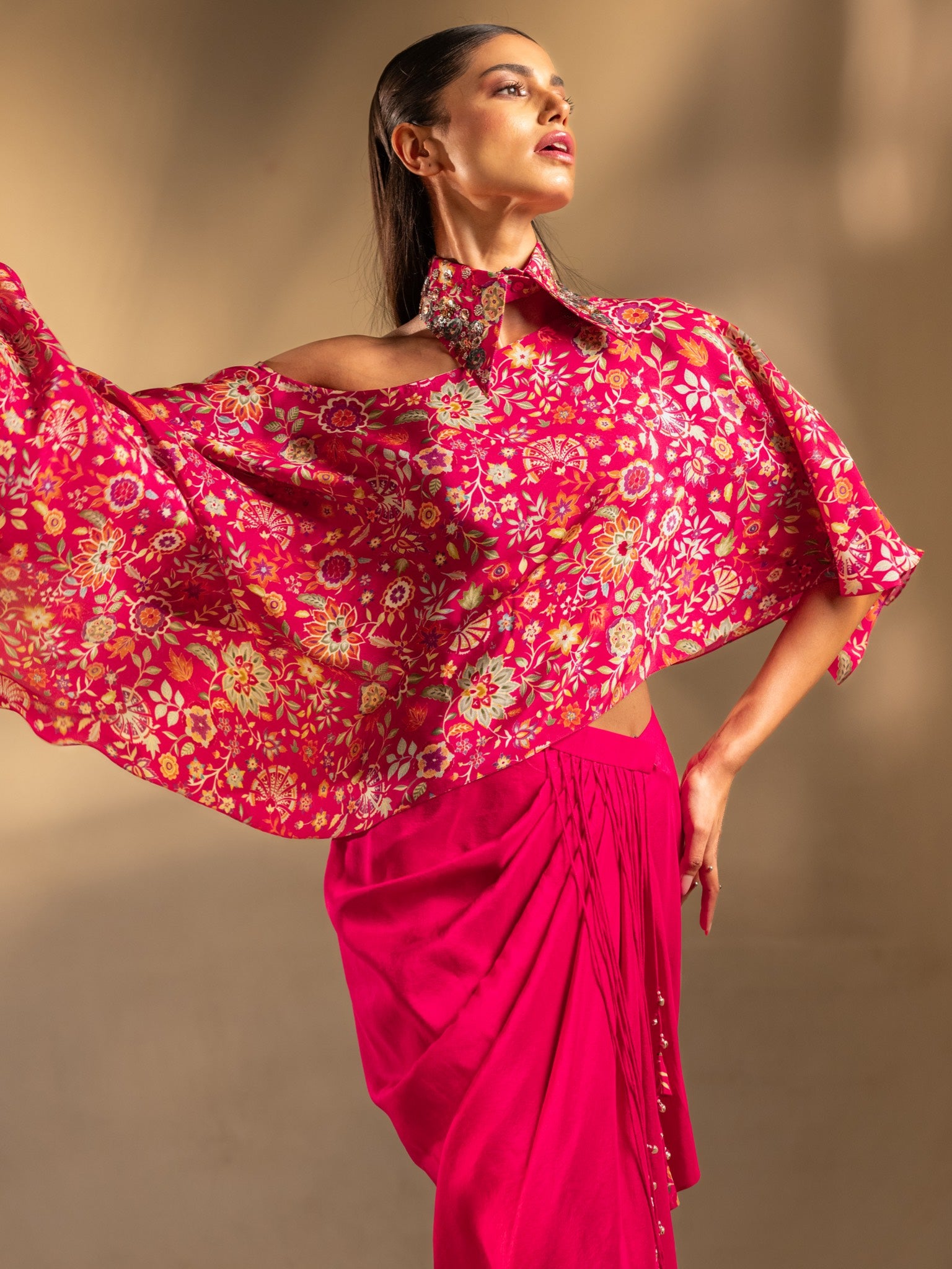 Gulabi Noor Pleated Skirt with Collar & Asymmetric Cape