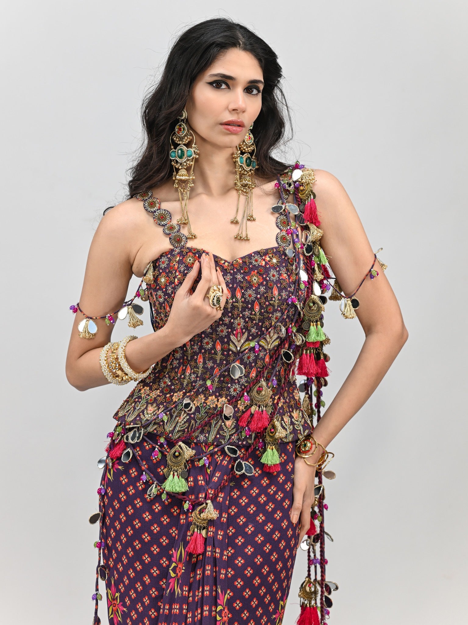 Plum Peplum  Prestitched Tassel Saree with Badla Embroidery Plum Corset
