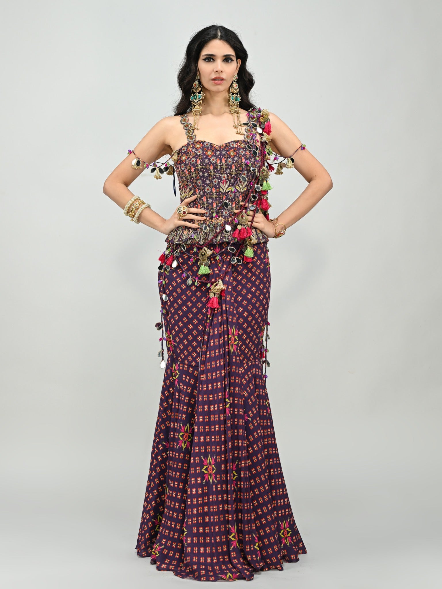 Plum Peplum  Prestitched Tassel Saree with Badla Embroidery Plum Corset