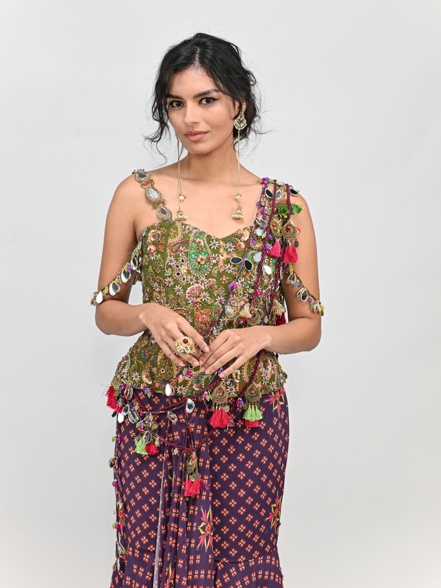 Plum Prestitched Tassel Saree with Olive Badla Embroidery Corset