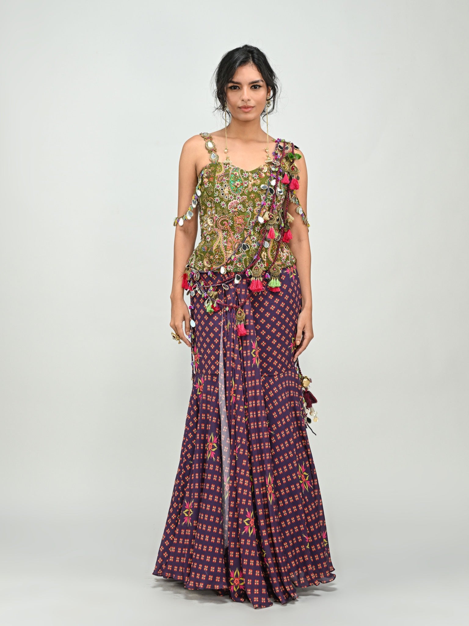 Plum Prestitched Tassel Saree with Olive Badla Embroidery Corset