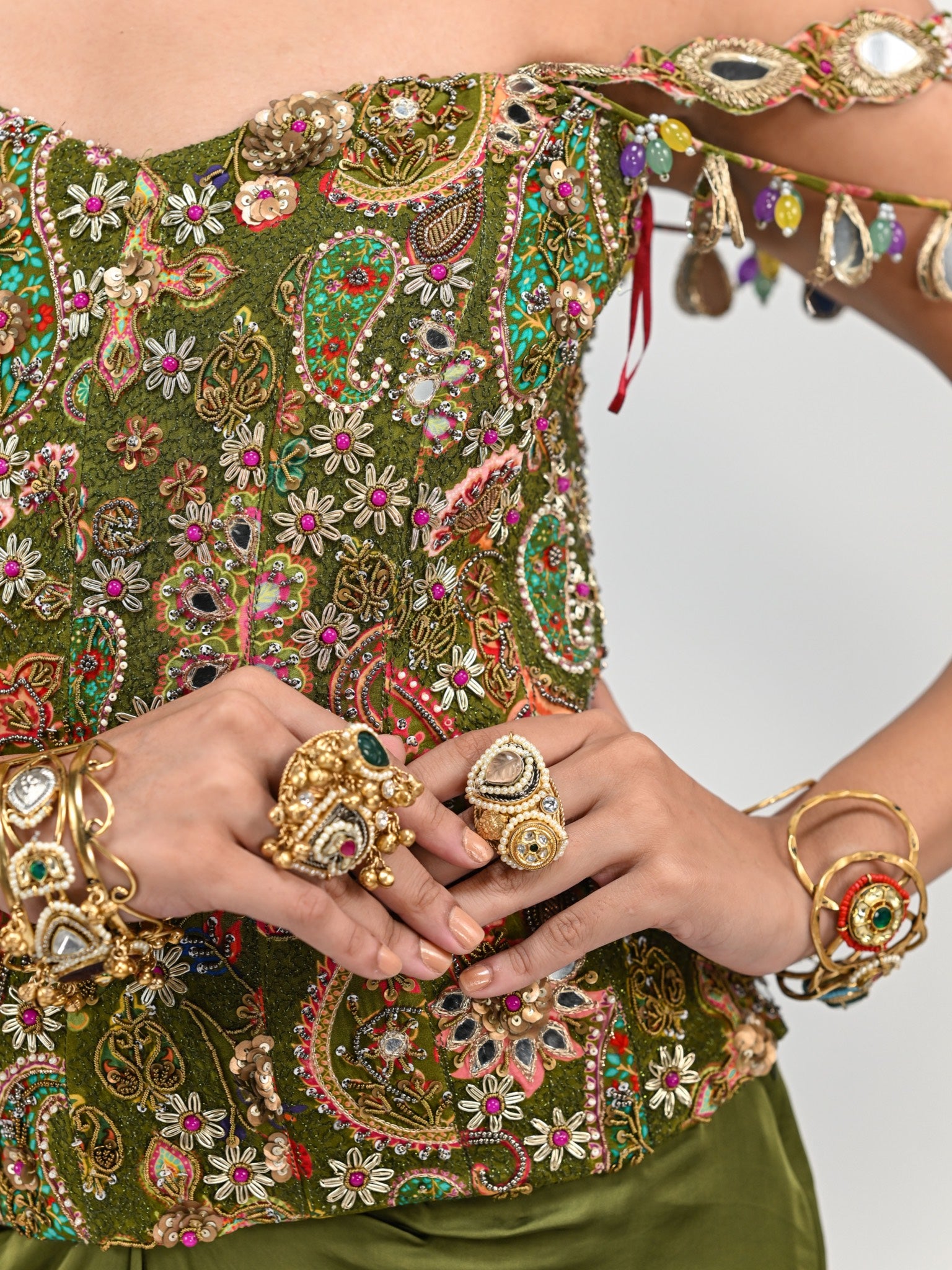 Olive Green Badla Embroidery Corset with Dhoti Skirt Set