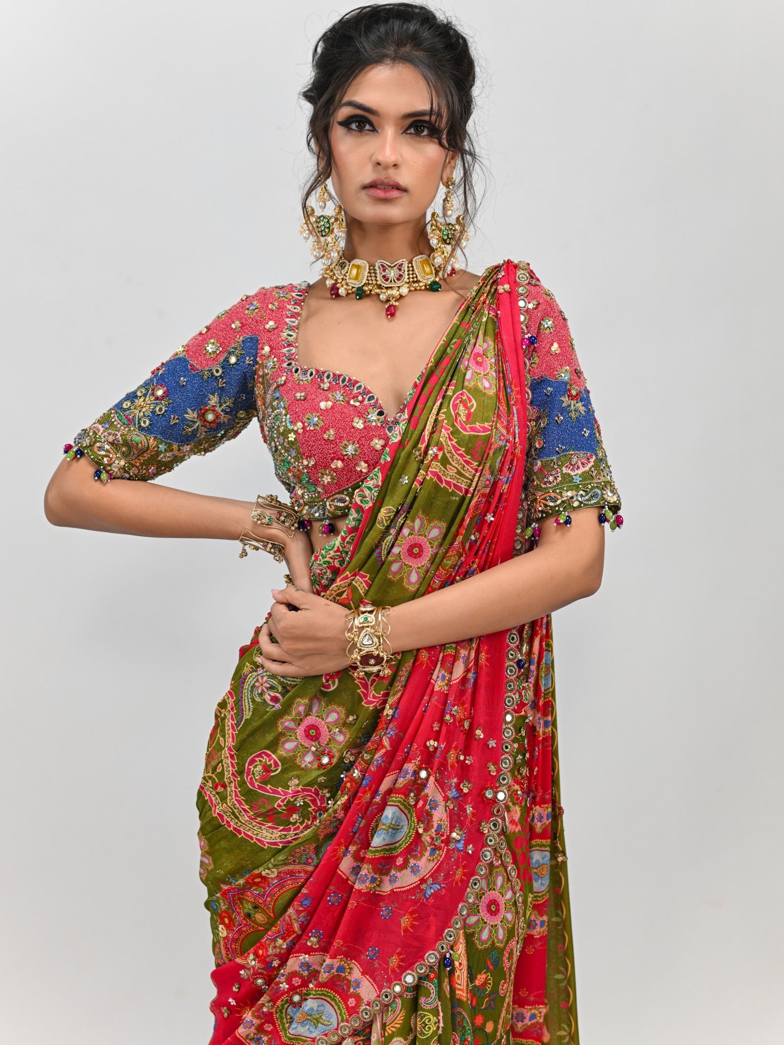 Olive Dual Prestitched Saree Paired with Patch Blouse