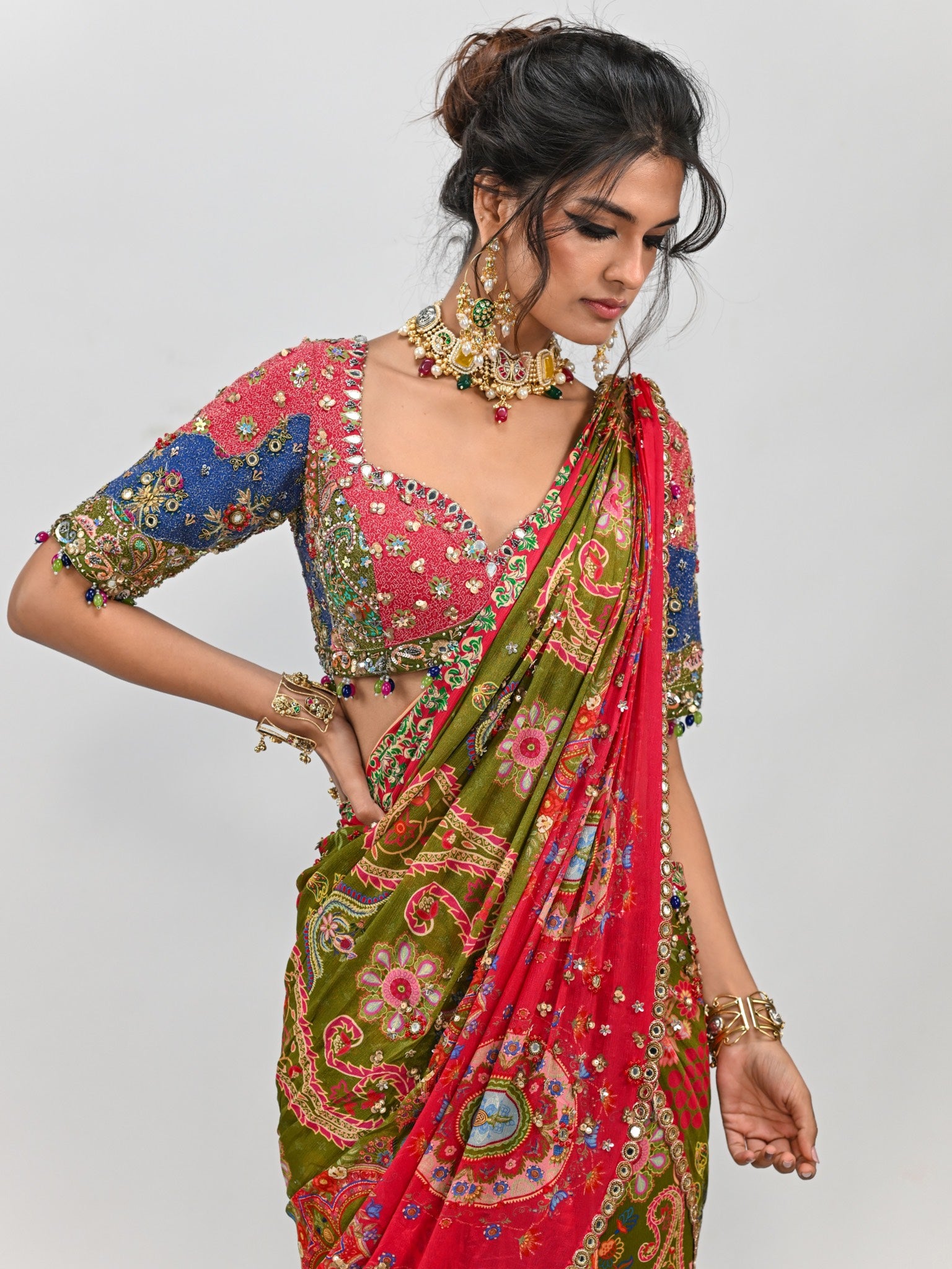 Olive Dual Prestitched Saree Paired with Patch Blouse