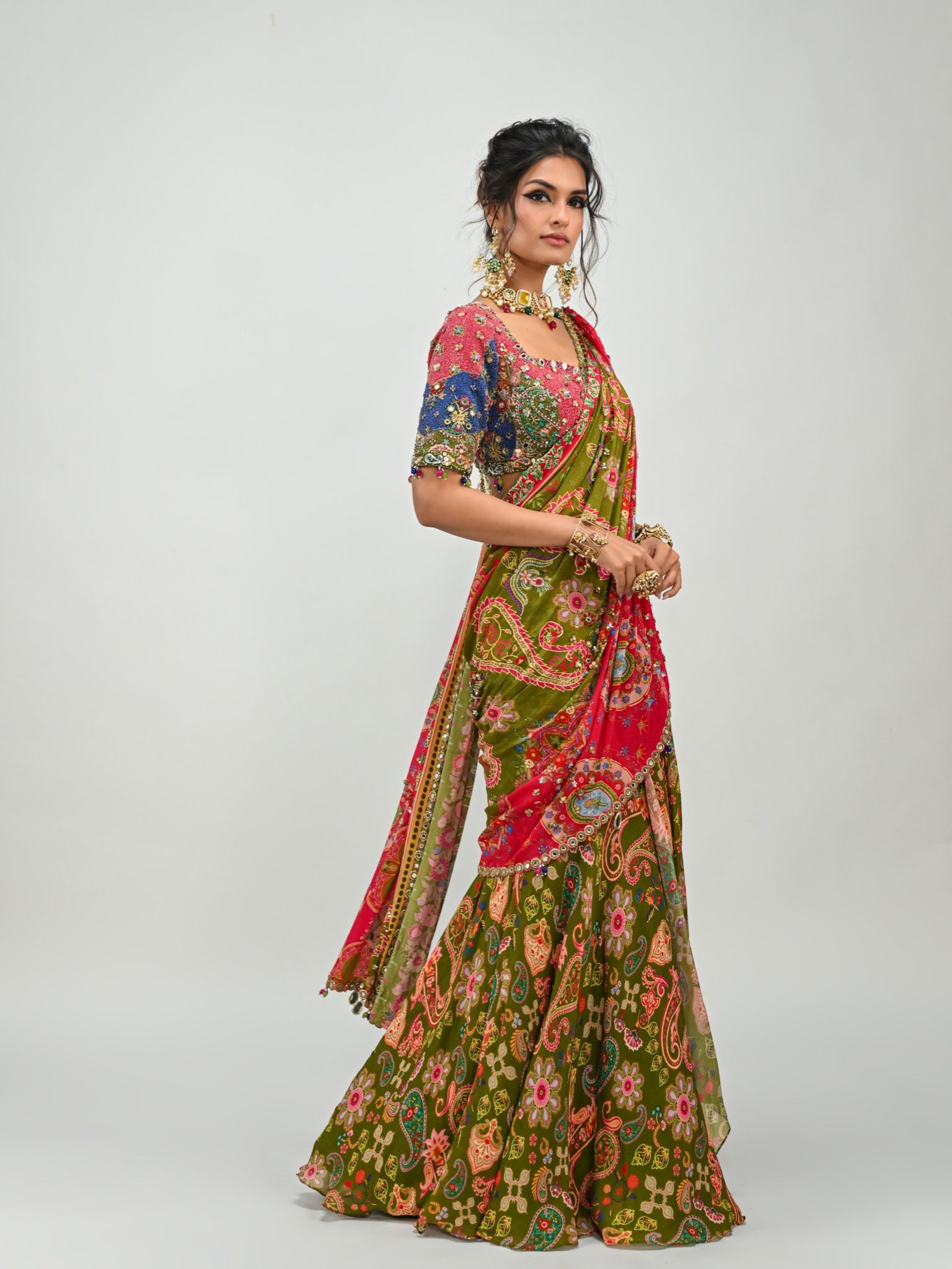 Olive Dual Prestitched Saree Paired with Patch Blouse