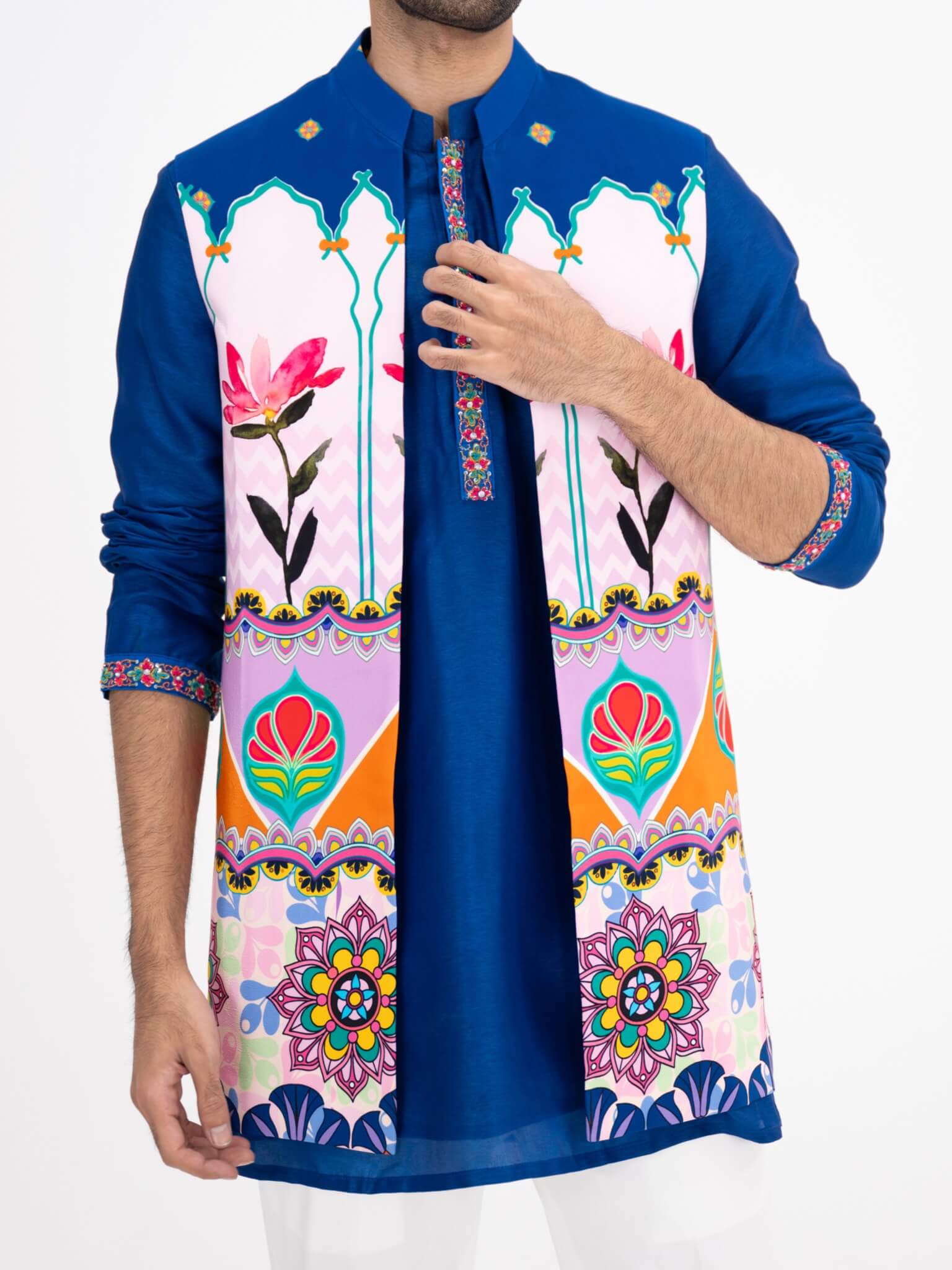 Blue Lotus Print Half Jacket Paired With Blue Kurta And White Pants