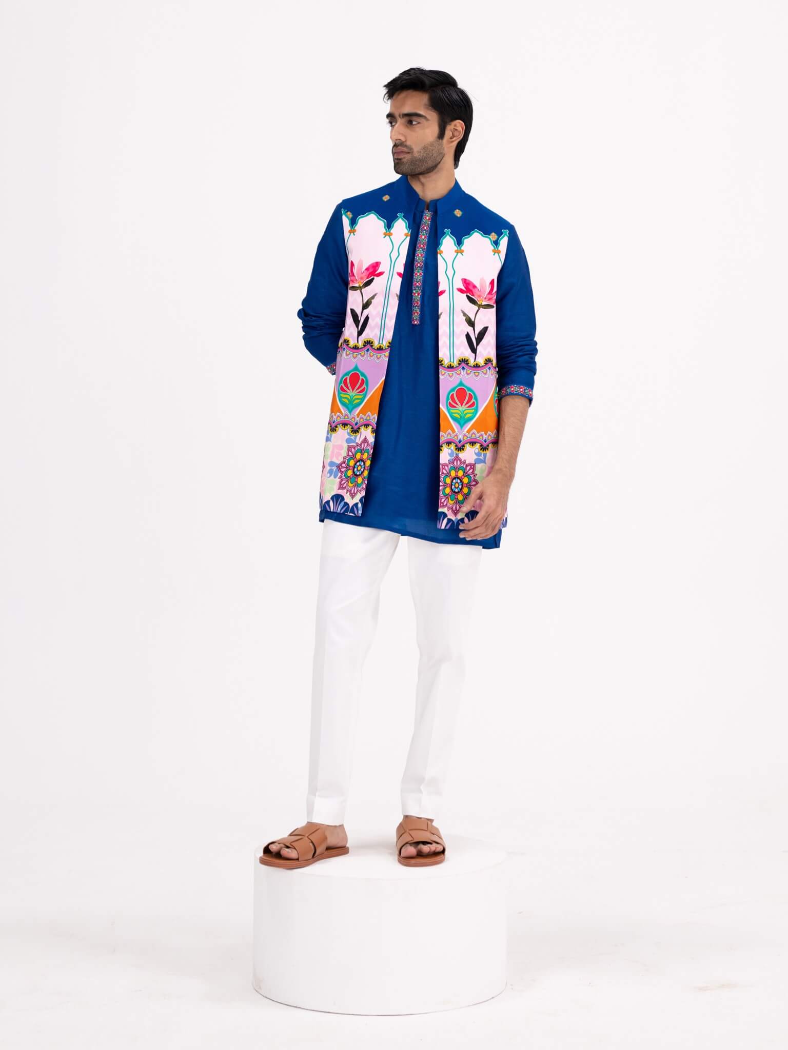 Blue Lotus Print Half Jacket Paired With Blue Kurta And White Pants