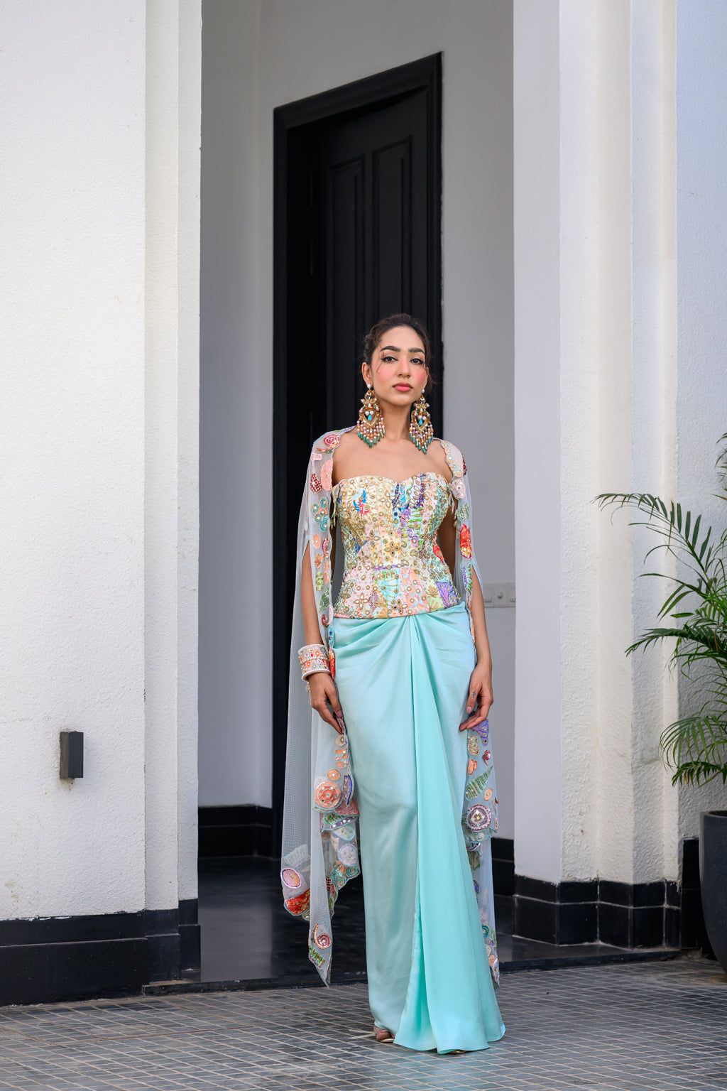 Gardenia Highlighted Cord Set With Dhoti Skirt And Cape