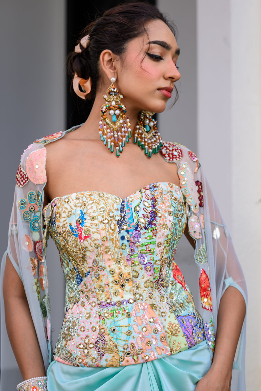 Gardenia Highlighted Cord Set With Dhoti Skirt And Cape