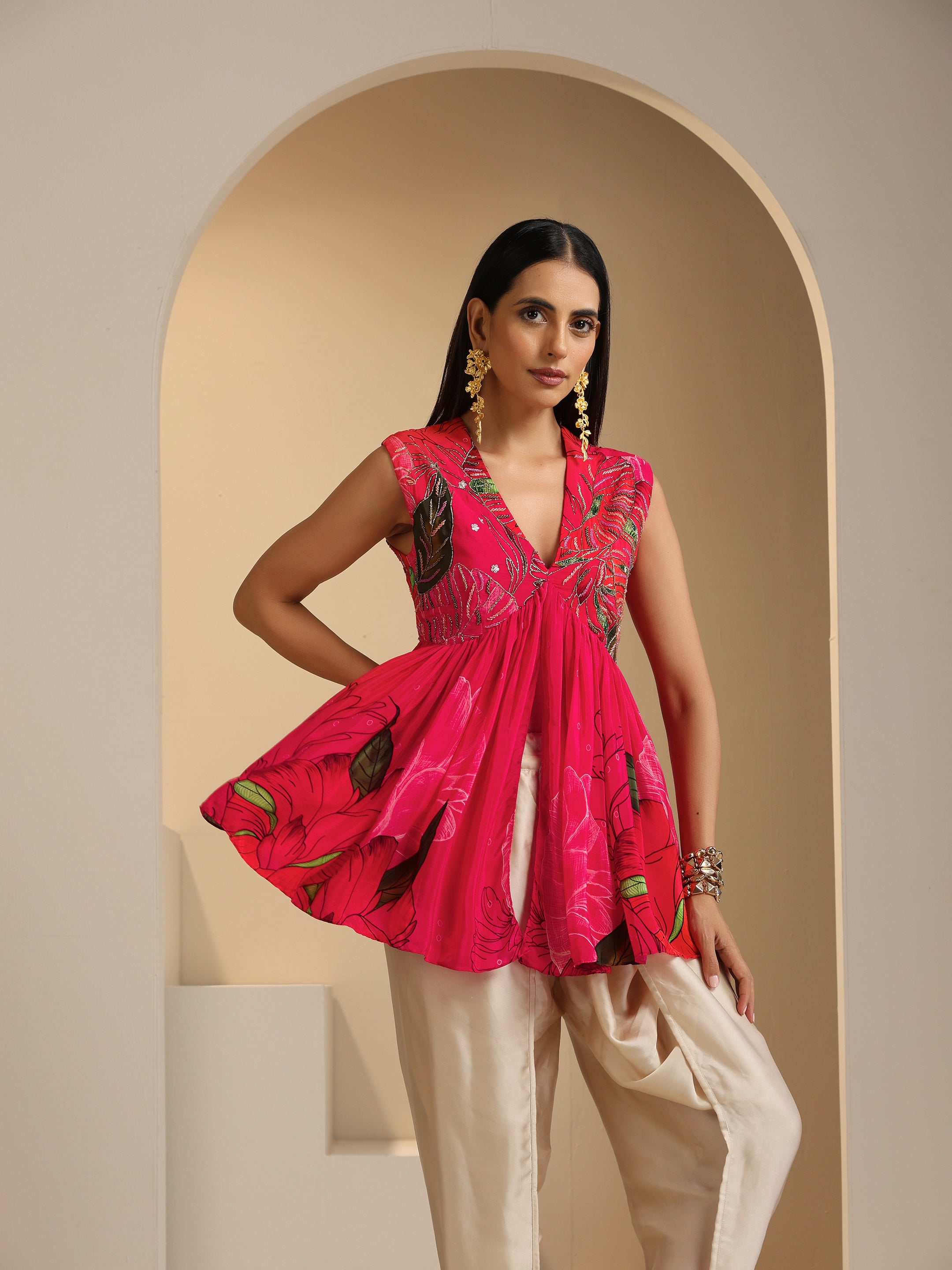 Iraa Embroidered Peplum Top with Dhoti Pant Set