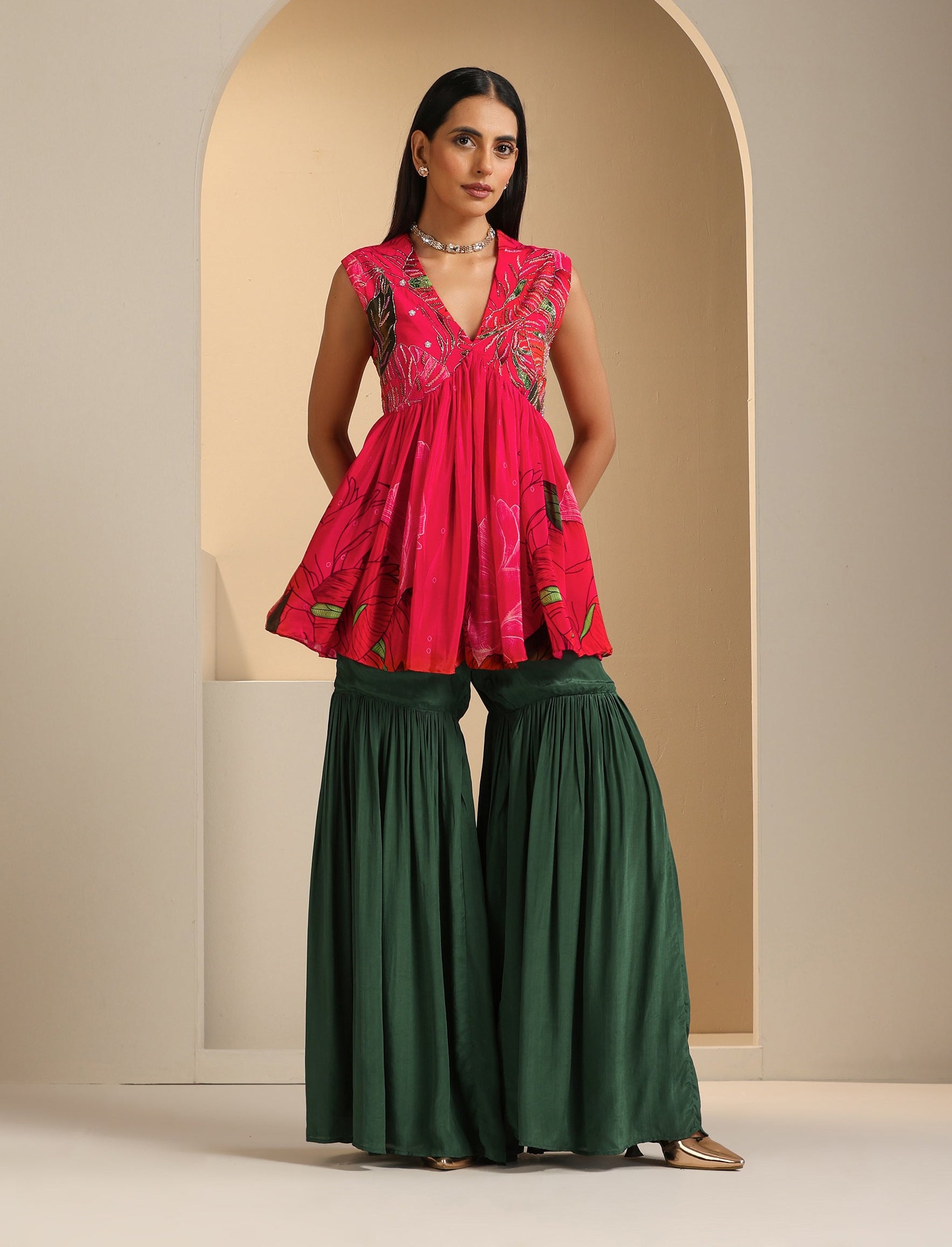 Nargis Embroidered Peplum Top with Sharara Set