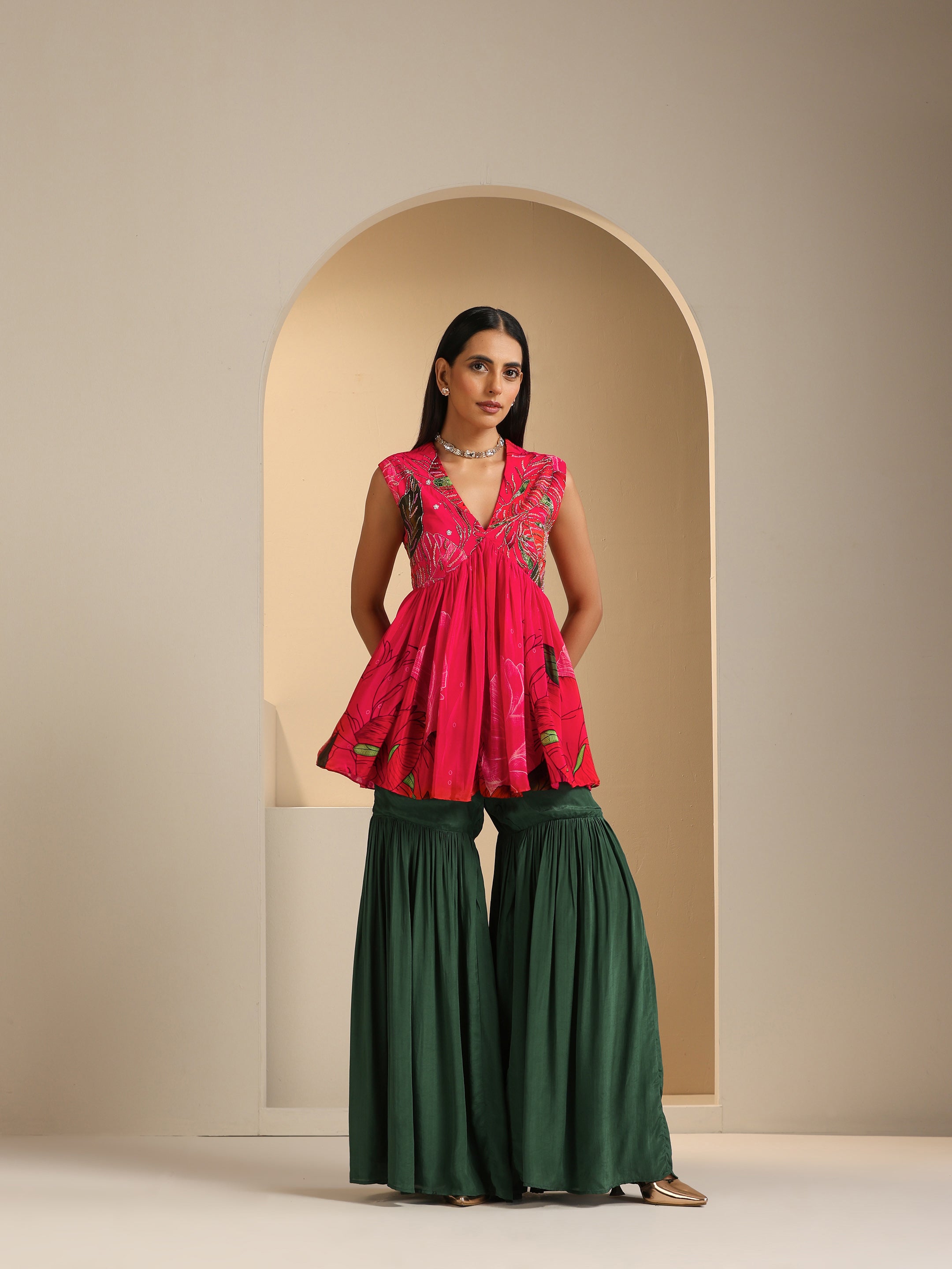 Nargis Embroidered Peplum Top with Sharara Set