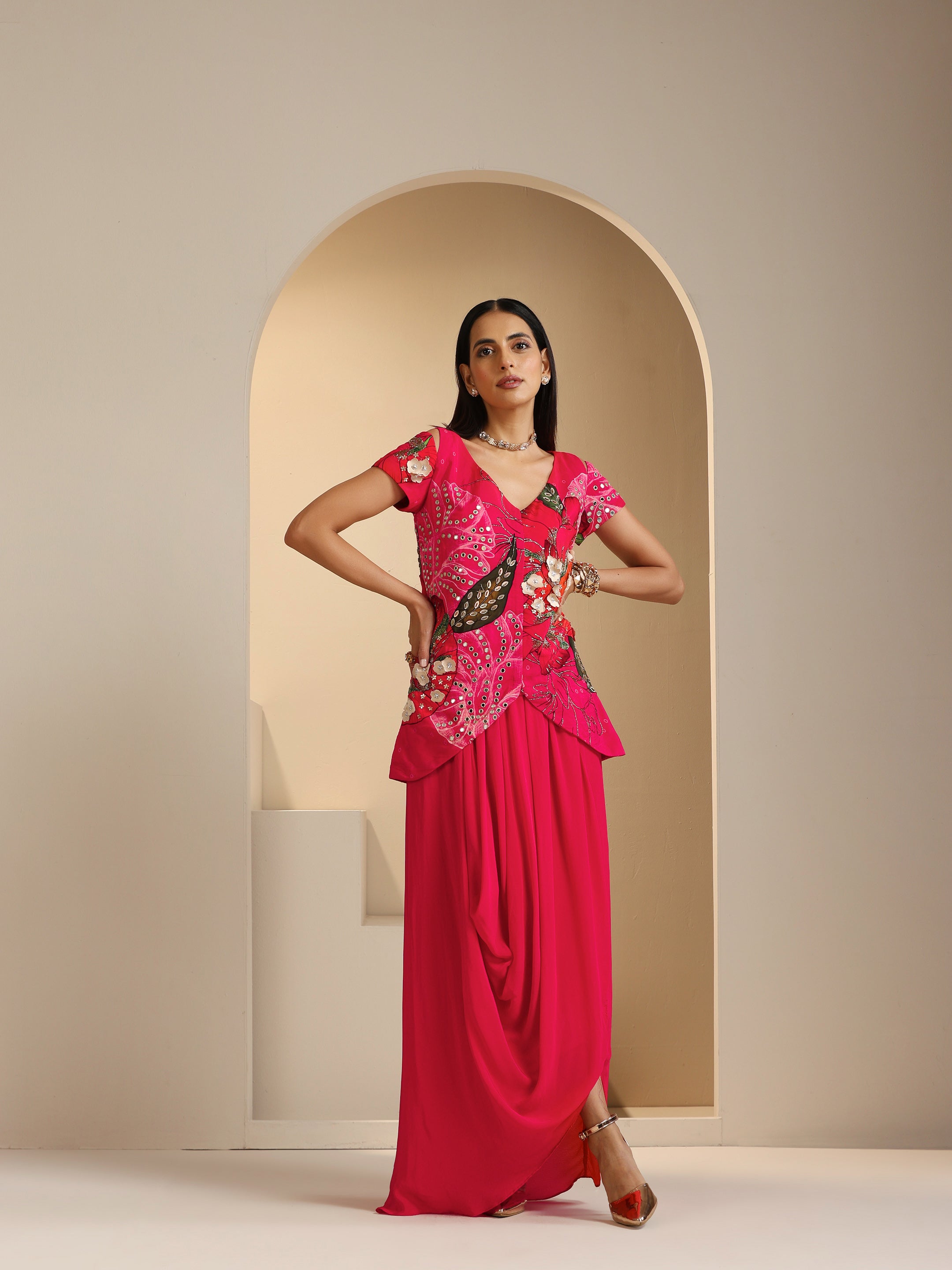Safaa Hand Embroidered Jacket with Draped Skirt