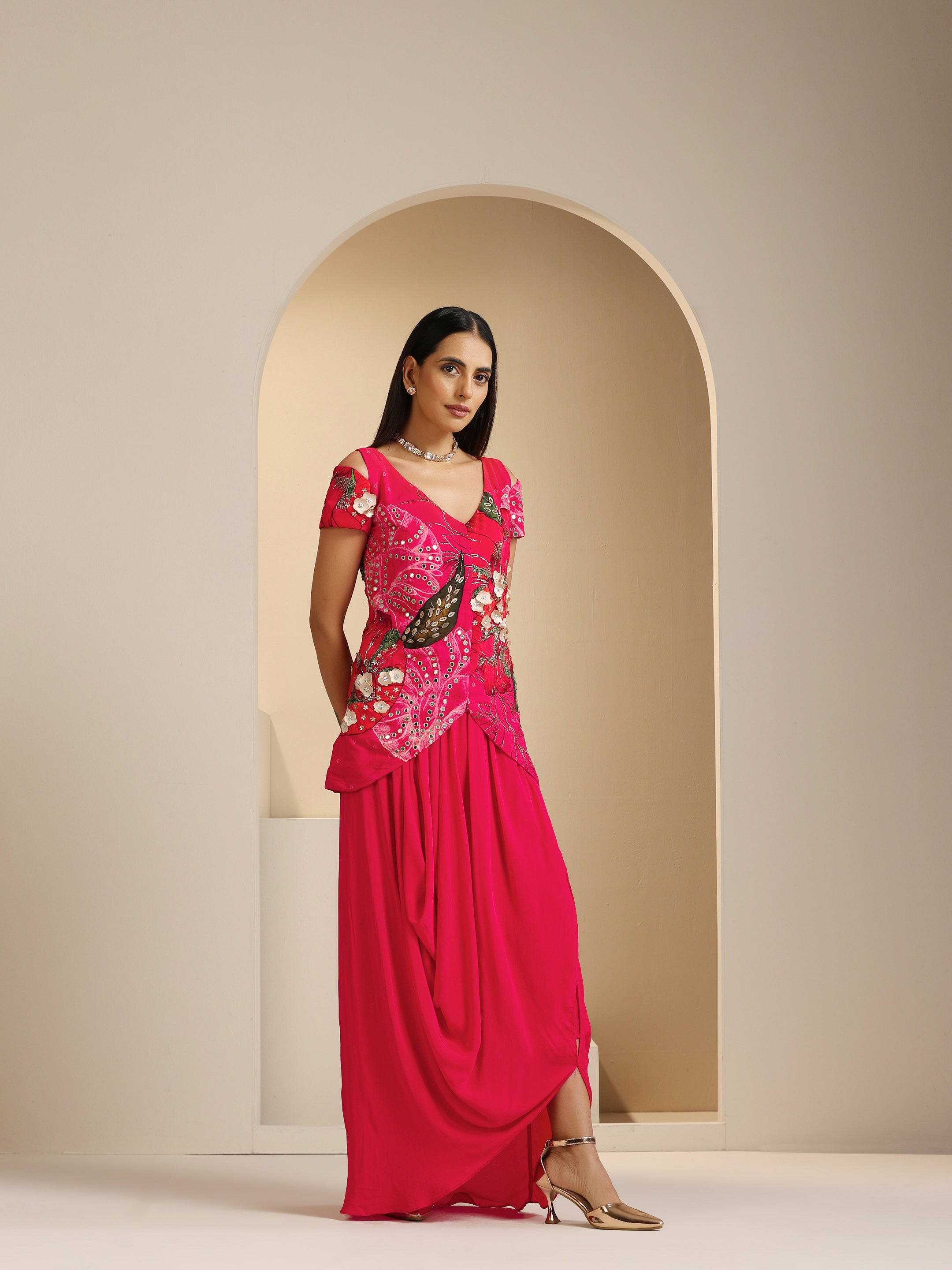 Safaa Hand Embroidered Jacket with Draped Skirt