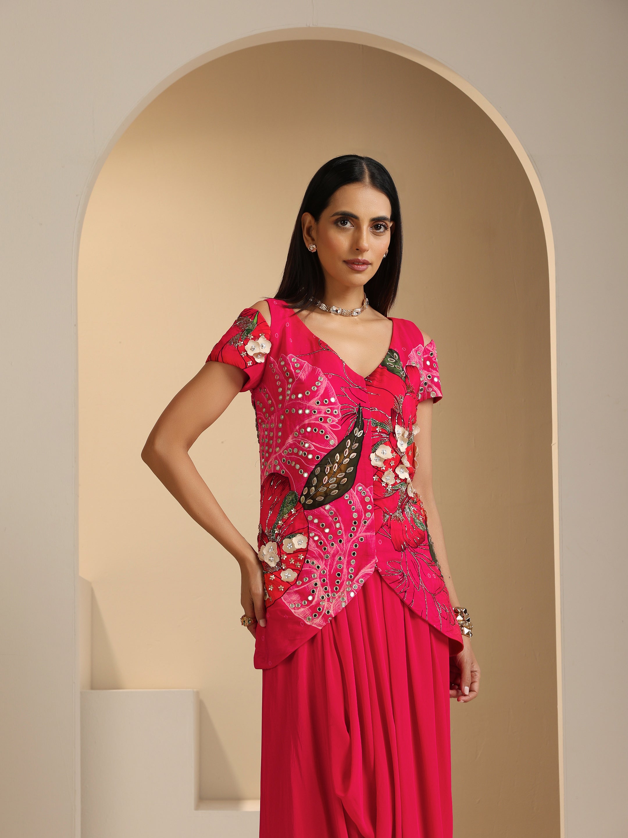 Safaa Hand Embroidered Jacket with Draped Skirt