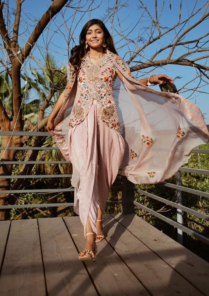 Curious Components | Peony Pink Embroidered Top & Dhoti Set with Cape